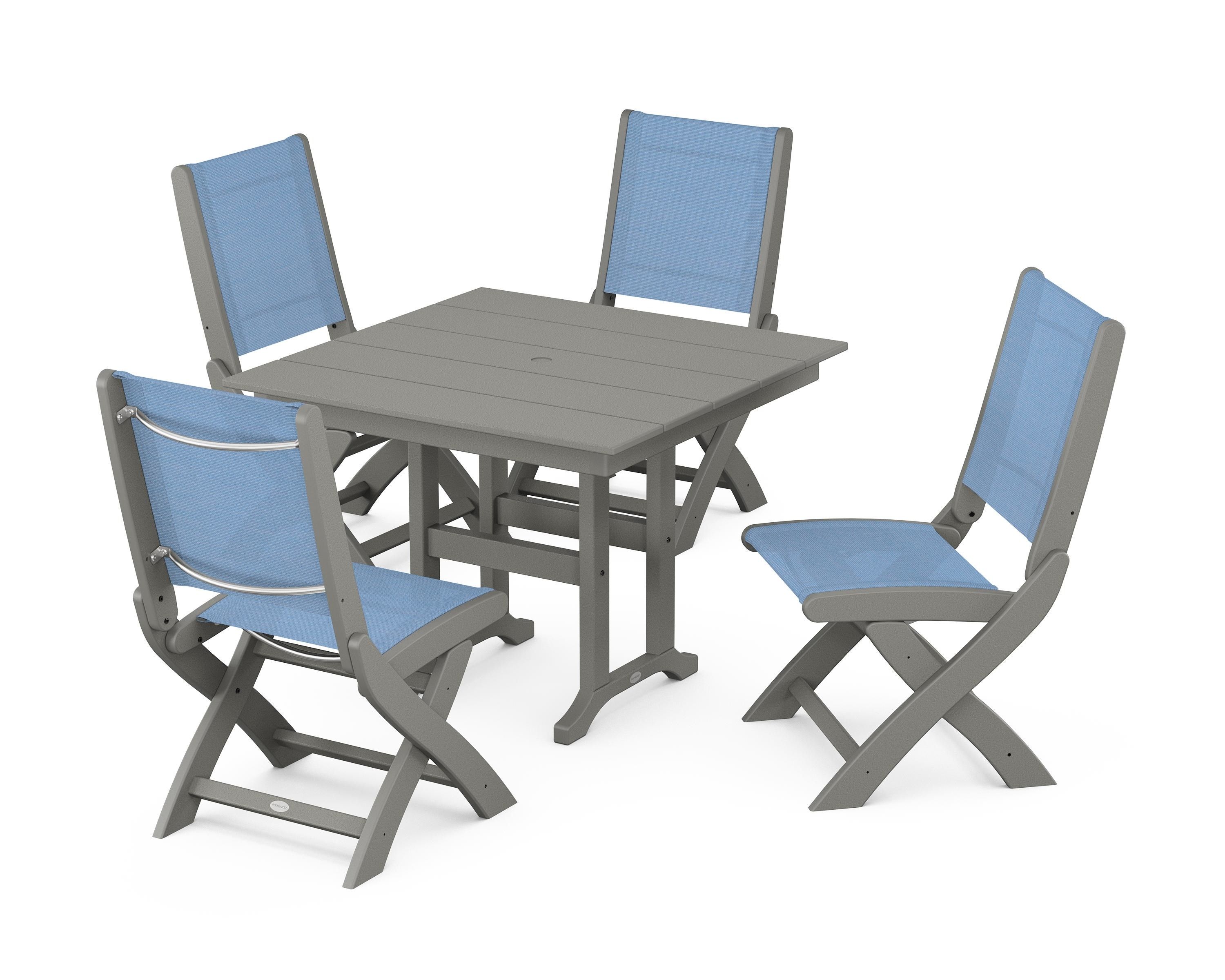 POLYWOOD® Coastal Folding Side Chair 5-Piece Farmhouse Dining Set in Slate Grey / Poolside Sling
