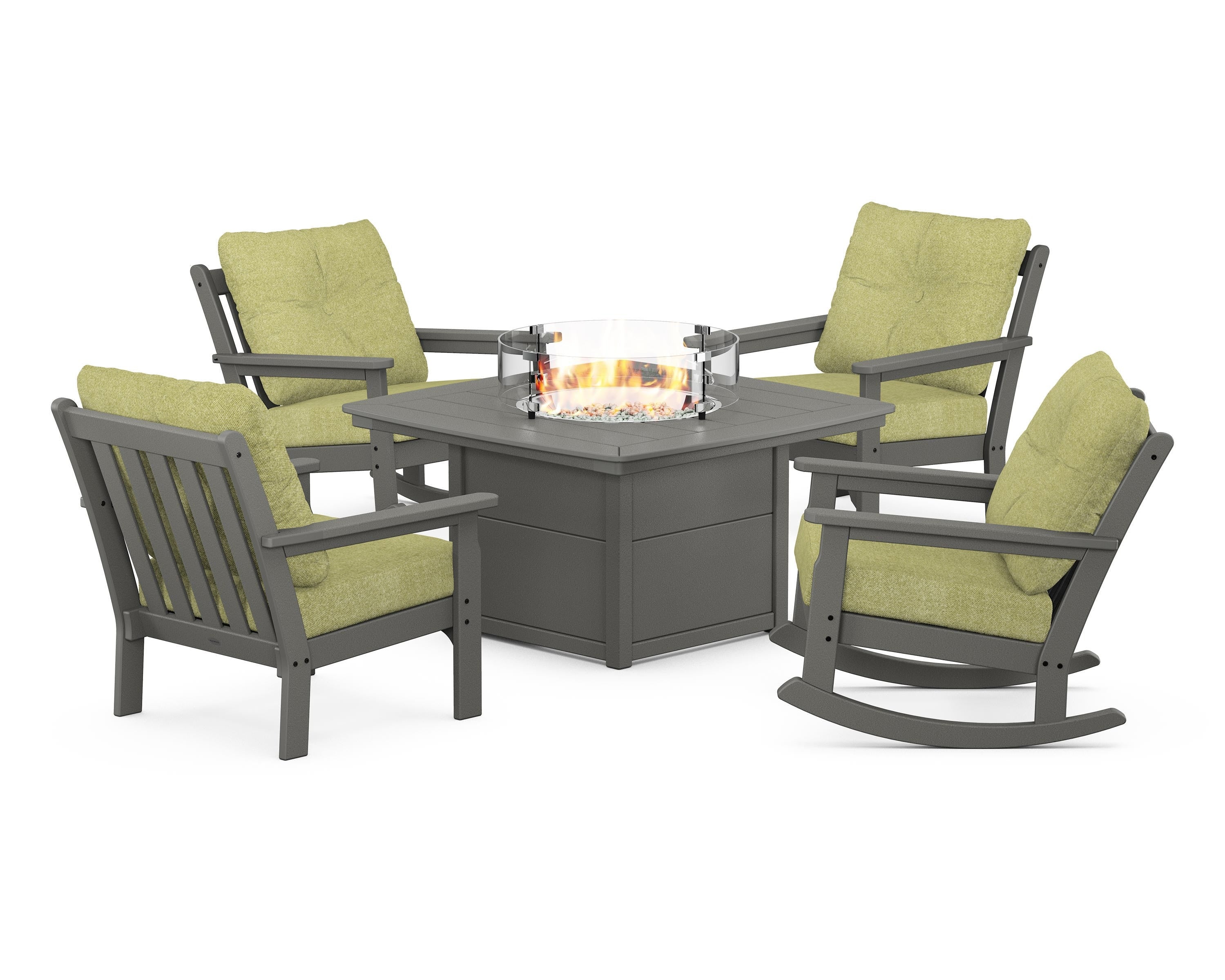 POLYWOOD® Vineyard 5-Piece Deep Seating Rocking Chair Conversation Set with Fire Pit Table in Slate Grey / Chartreuse Boucle