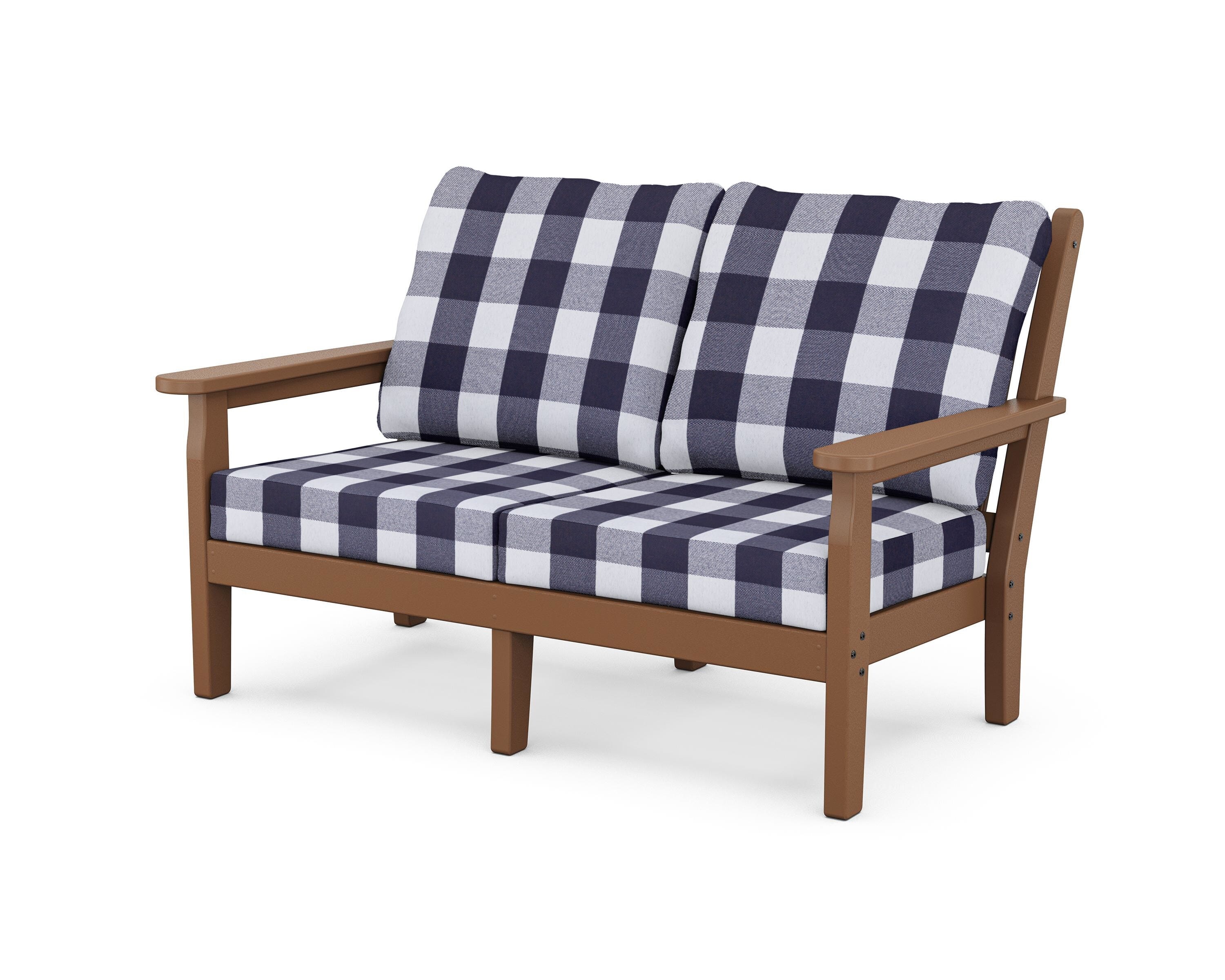 POLYWOOD® Chippendale Deep Seating Loveseat in Teak / Buffalo Plaid Navy