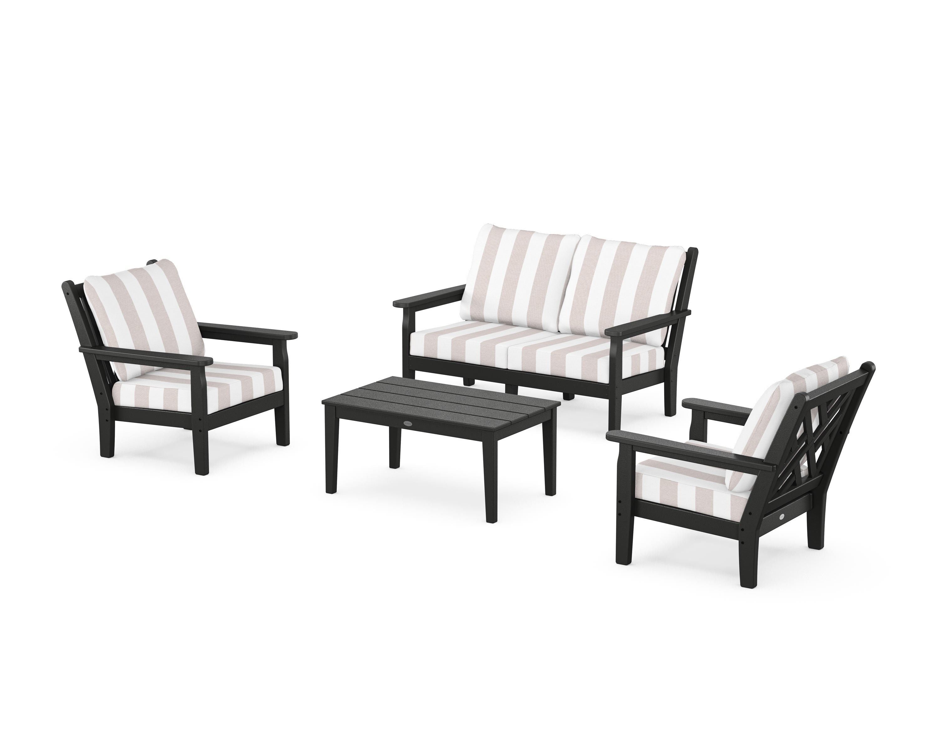 POLYWOOD® Chippendale 4-Piece Deep Seating Set with Loveseat in Black / Cabana Stripe Dune Burlap