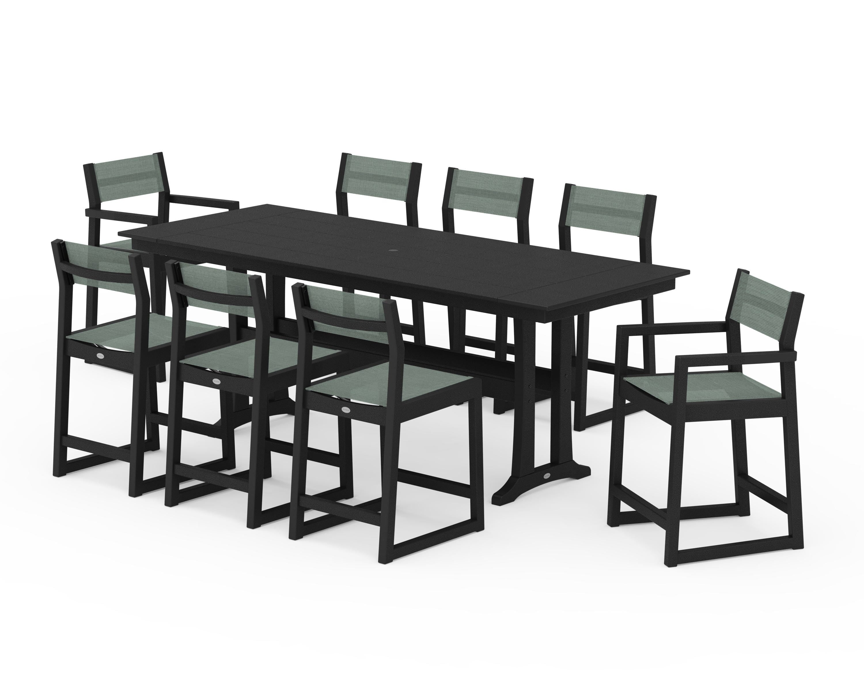 POLYWOOD® EDGE Sling 9-Piece Farmhouse Counter Set with Trestle Legs in Black / Dupioni Sea Mist Sling