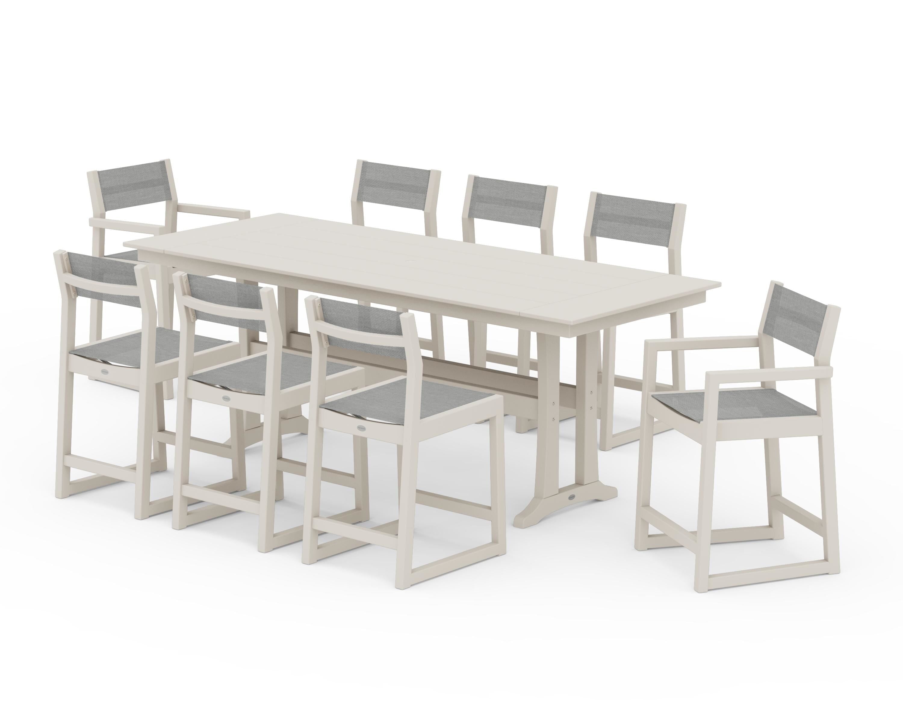 POLYWOOD® EDGE Sling 9-Piece Farmhouse Counter Set with Trestle Legs in Sand / Metallic Sling