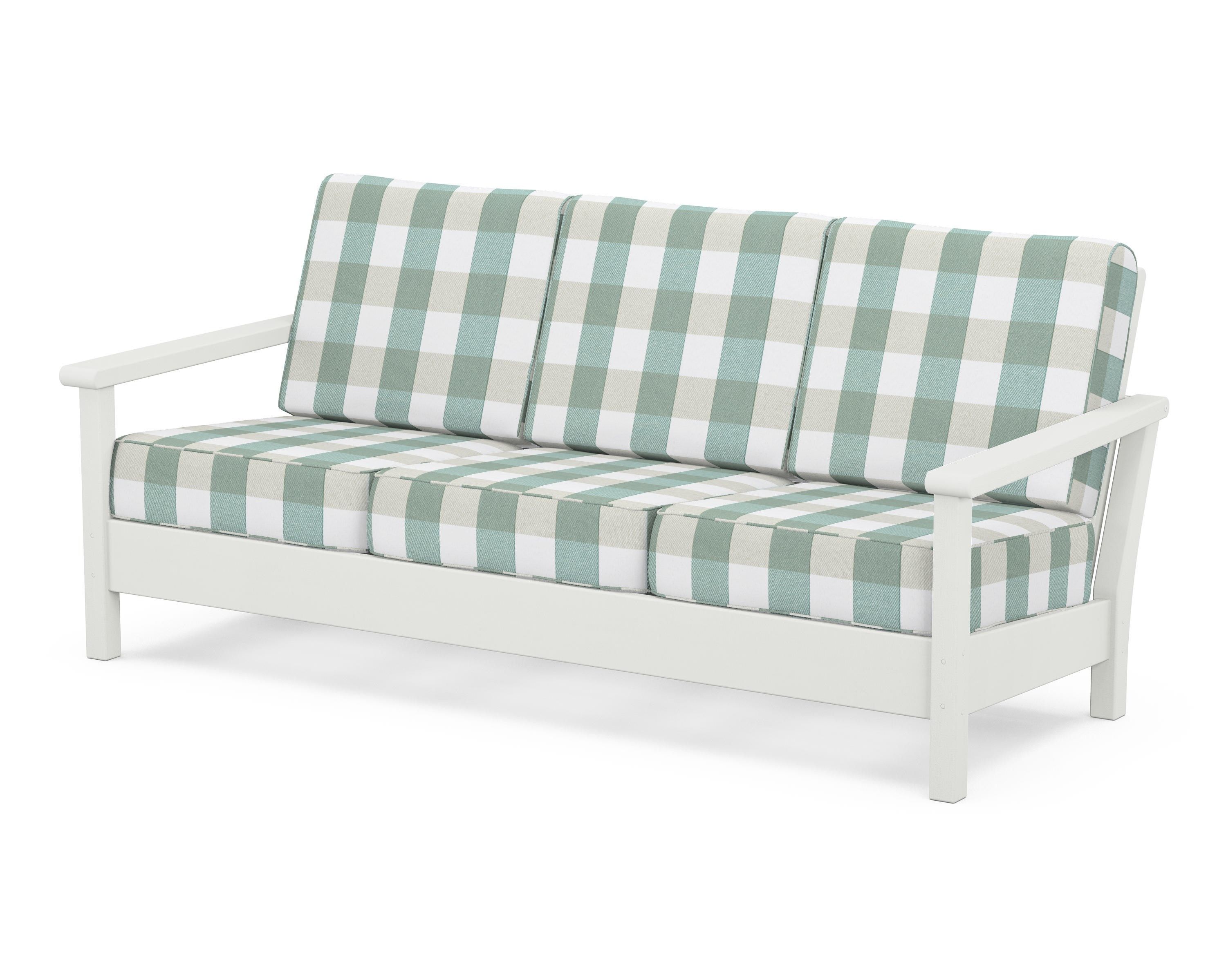 POLYWOOD® Harbour Deep Seating Sofa in Vintage White / Buffalo Plaid Glacier Spa