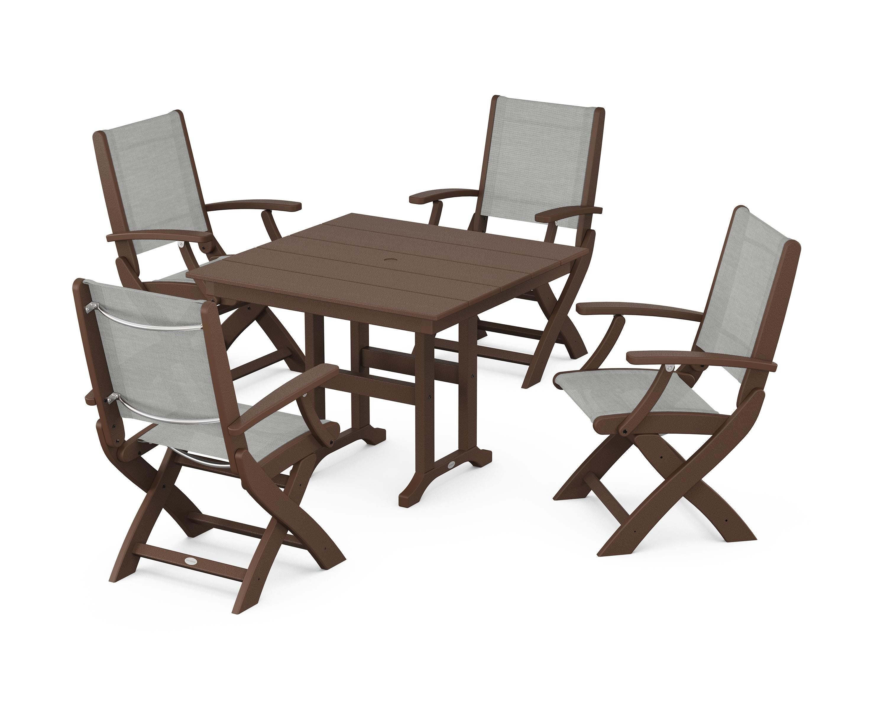 POLYWOOD® Coastal Folding Chair 5-Piece Farmhouse Dining Set in Mahogany / Metallic Sling