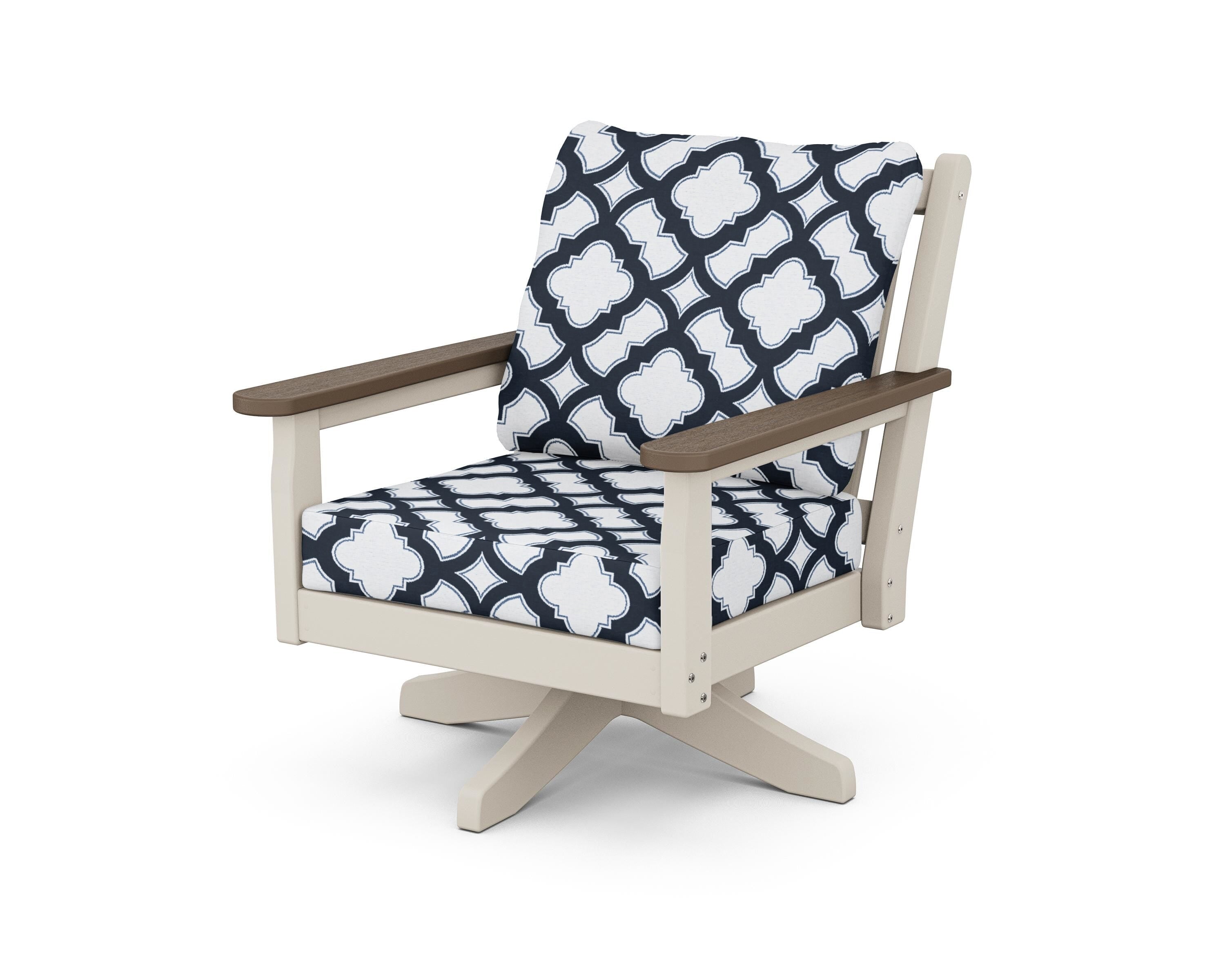 POLYWOOD® Chippendale Deep Seating Swivel Chair in Sand / Kona / Trellis Marine Indigo