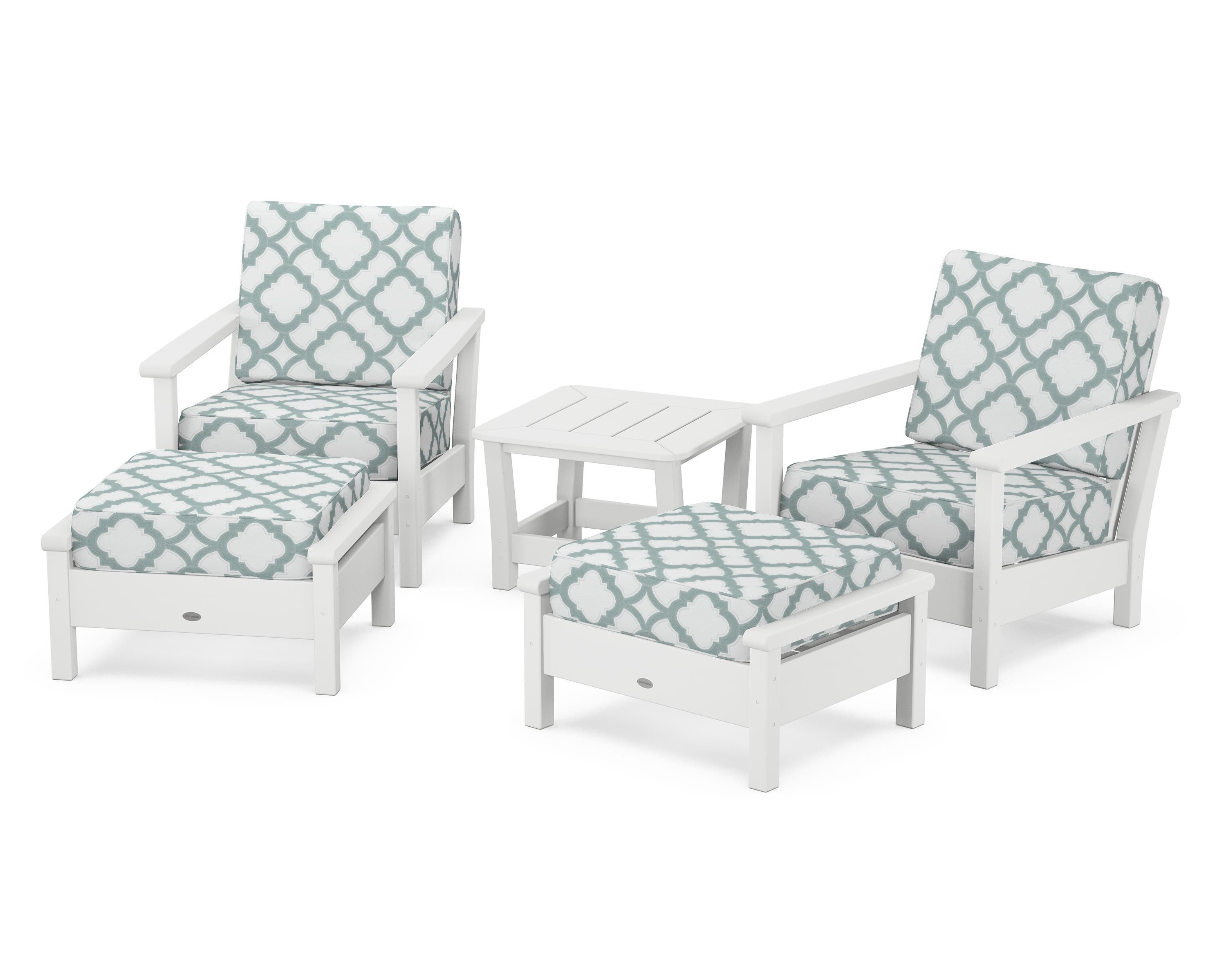 POLYWOOD® Harbour 5-Piece Deep Seating Chair Set in White / Trellis Glacier Spa