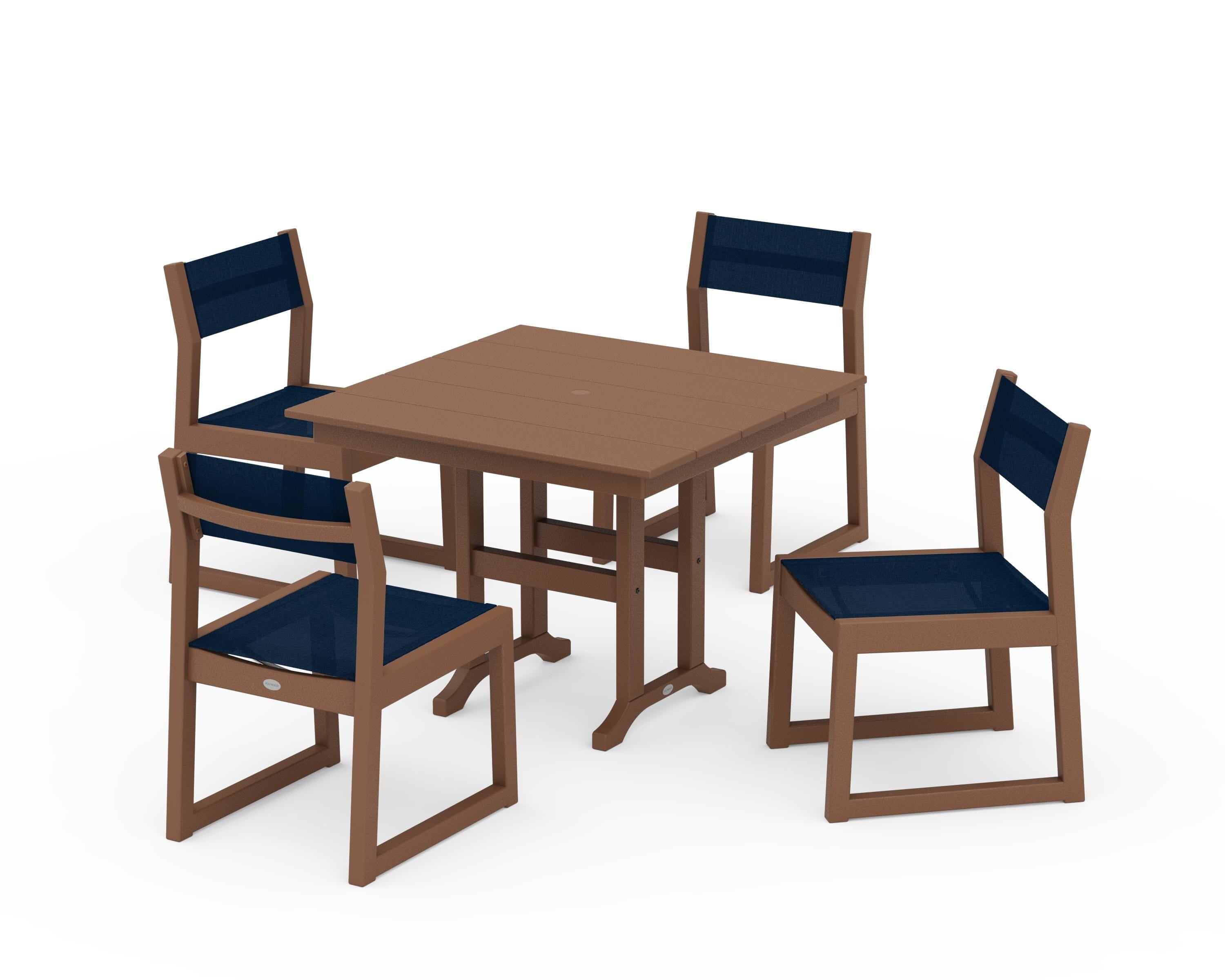 POLYWOOD® EDGE Sling Side Chair 5-Piece Farmhouse Dining Set in Teak / Navy Blue Sling
