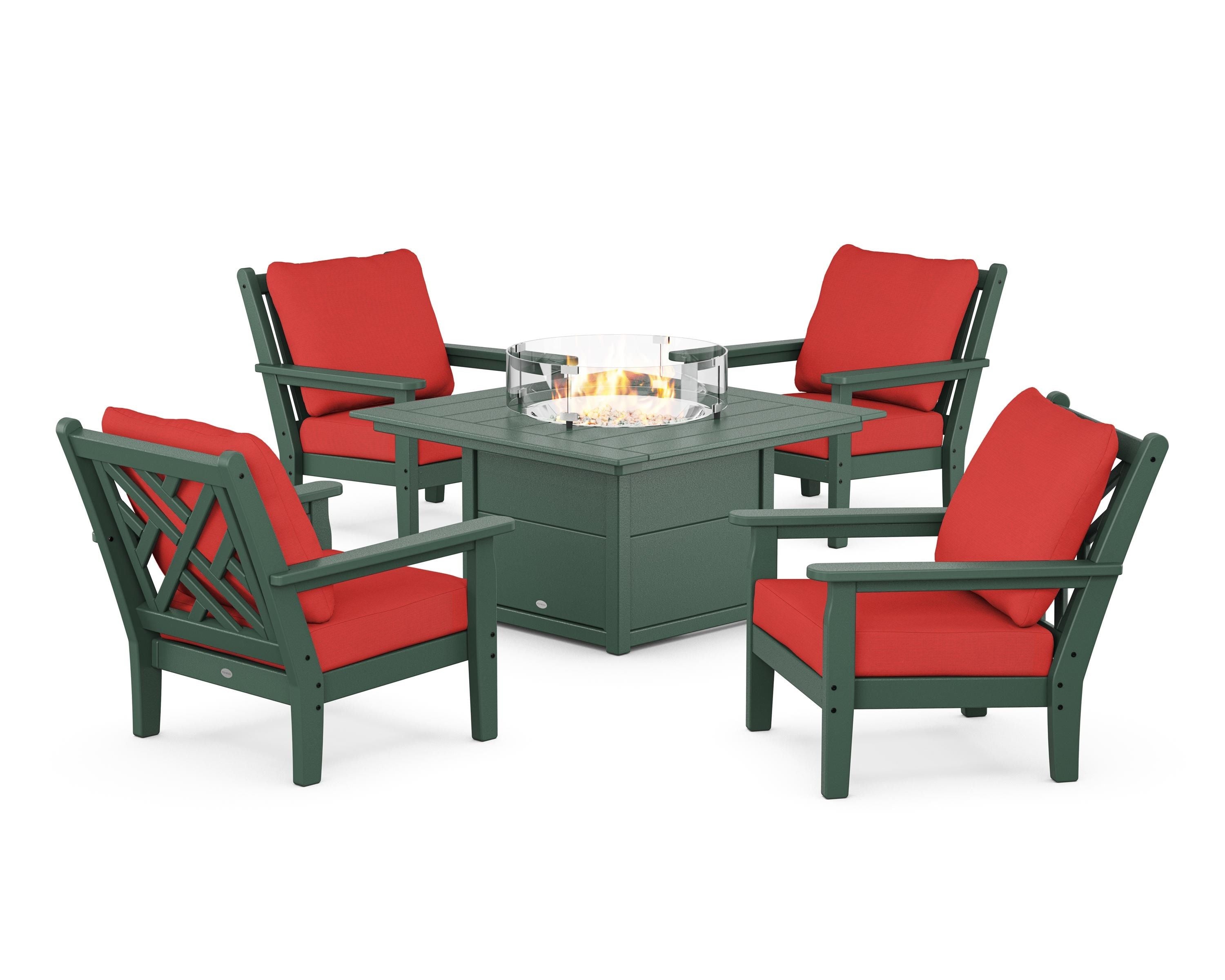 POLYWOOD® Chippendale 5-Piece Deep Seating Set with Fire Pit Table in Green / Crimson Linen