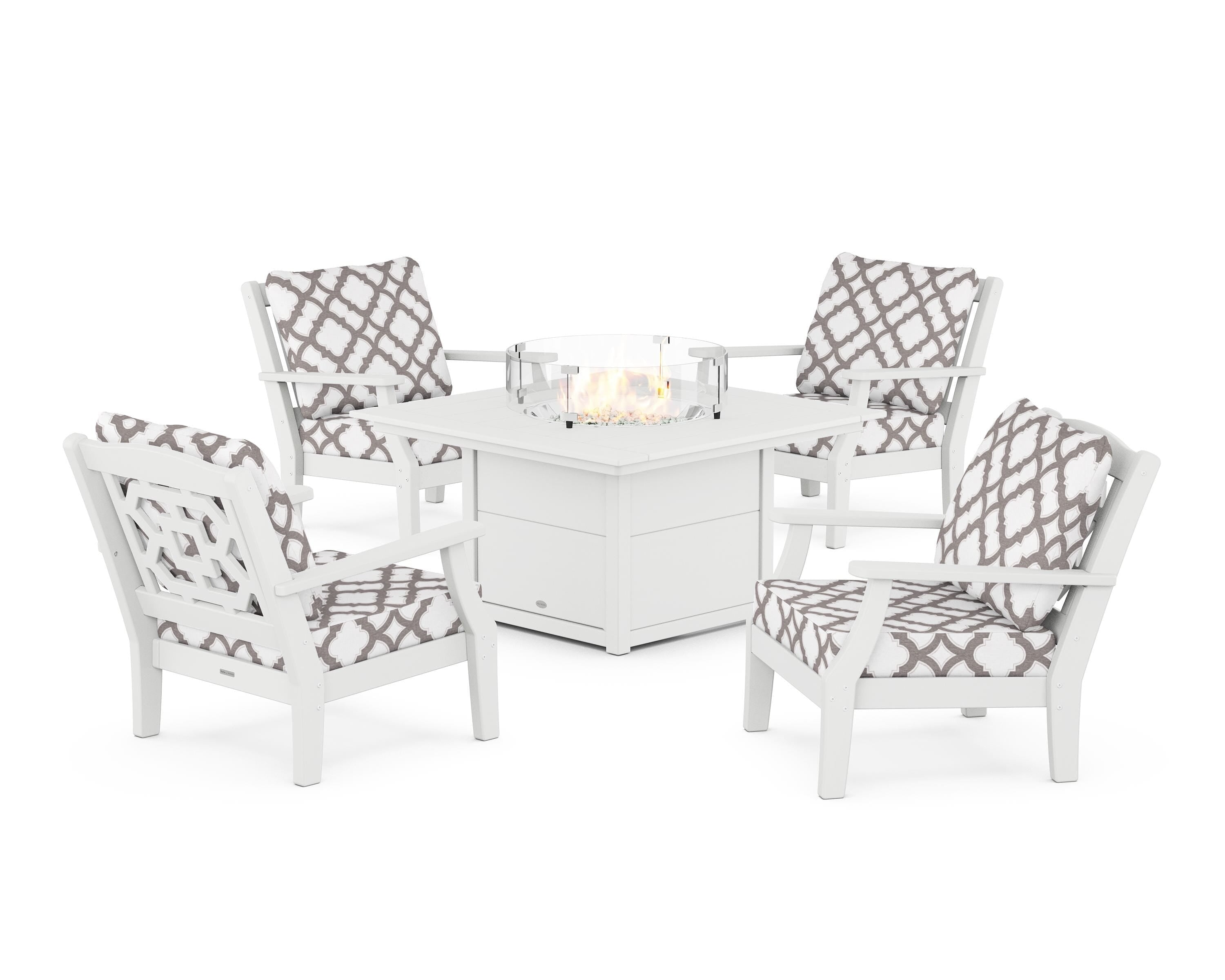 Martha Stewart by POLYWOOD® Chinoiserie 5-Piece Deep Seating Set with Fire Pit Table in White / Trellis Grey Mist