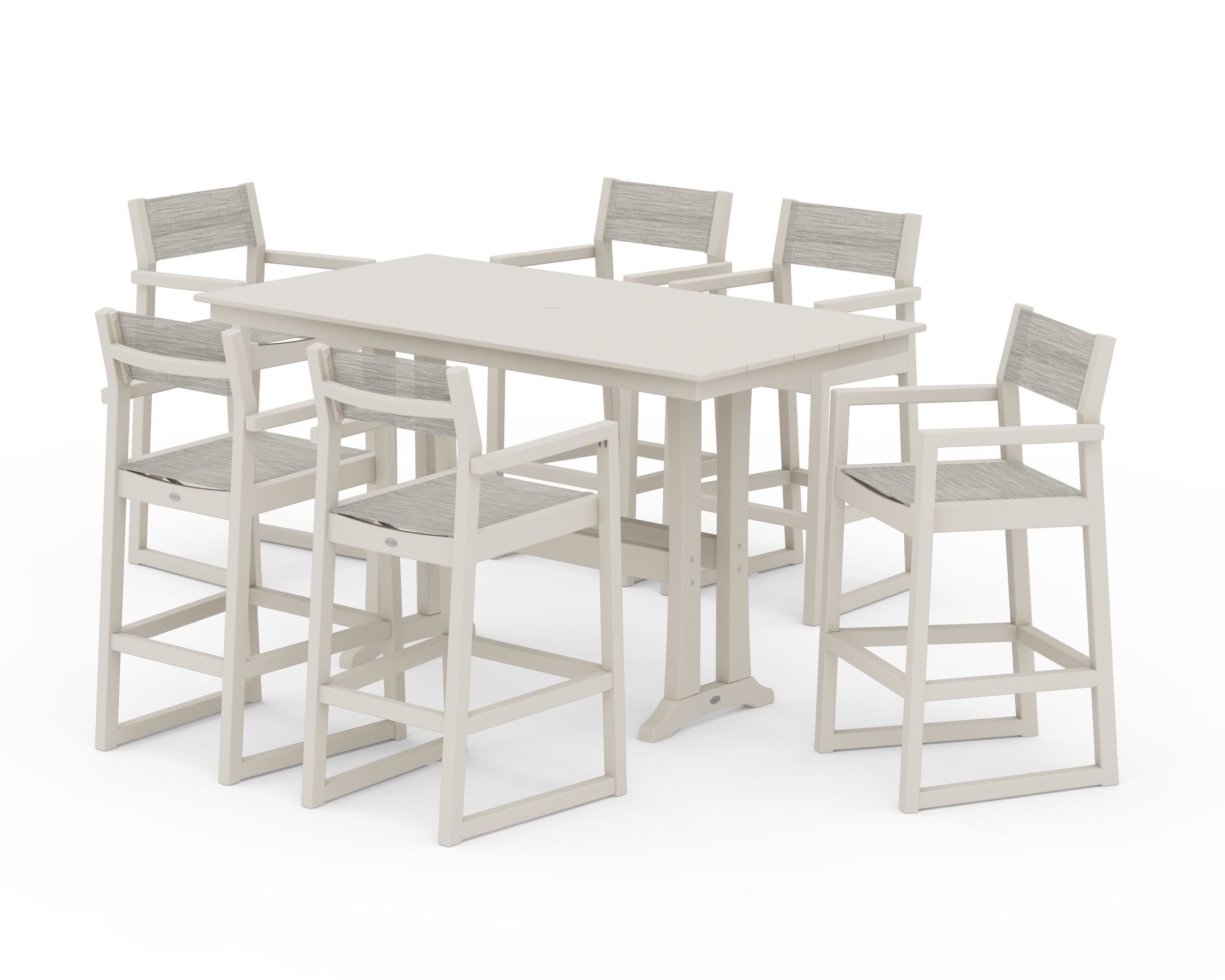 POLYWOOD® EDGE Sling Arm Chair 7-Piece Farmhouse Bar Set with Trestle Legs in Sand / Birch Sling