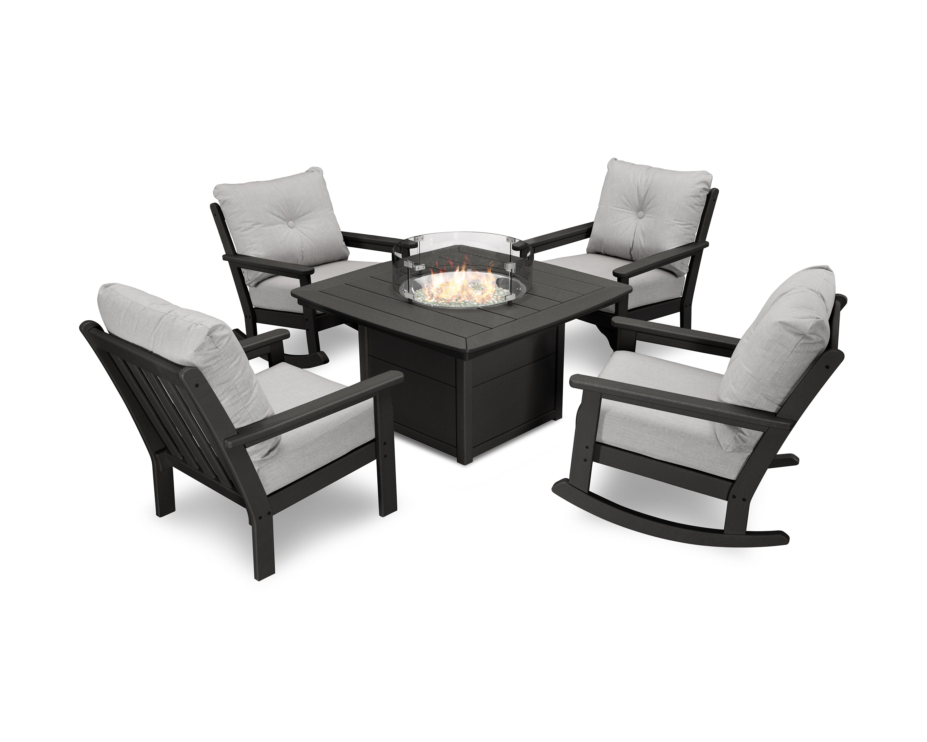 POLYWOOD® Vineyard 5-Piece Deep Seating Rocking Chair Conversation Set with Fire Pit Table in Black / Granite