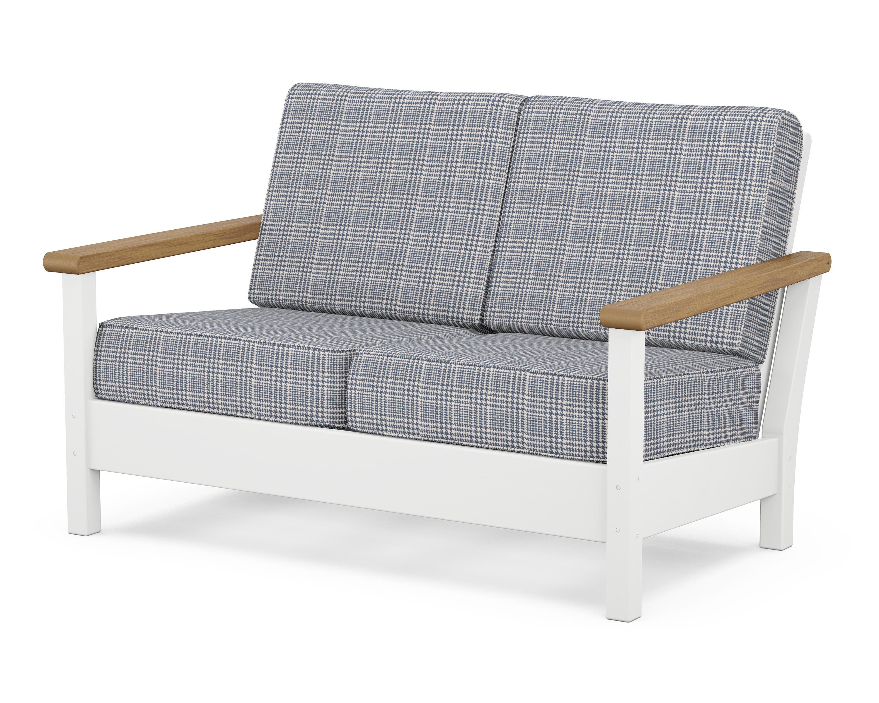 POLYWOOD® Harbour Deep Seating Loveseat in White / Natural / Houndstooth Sky Blue
