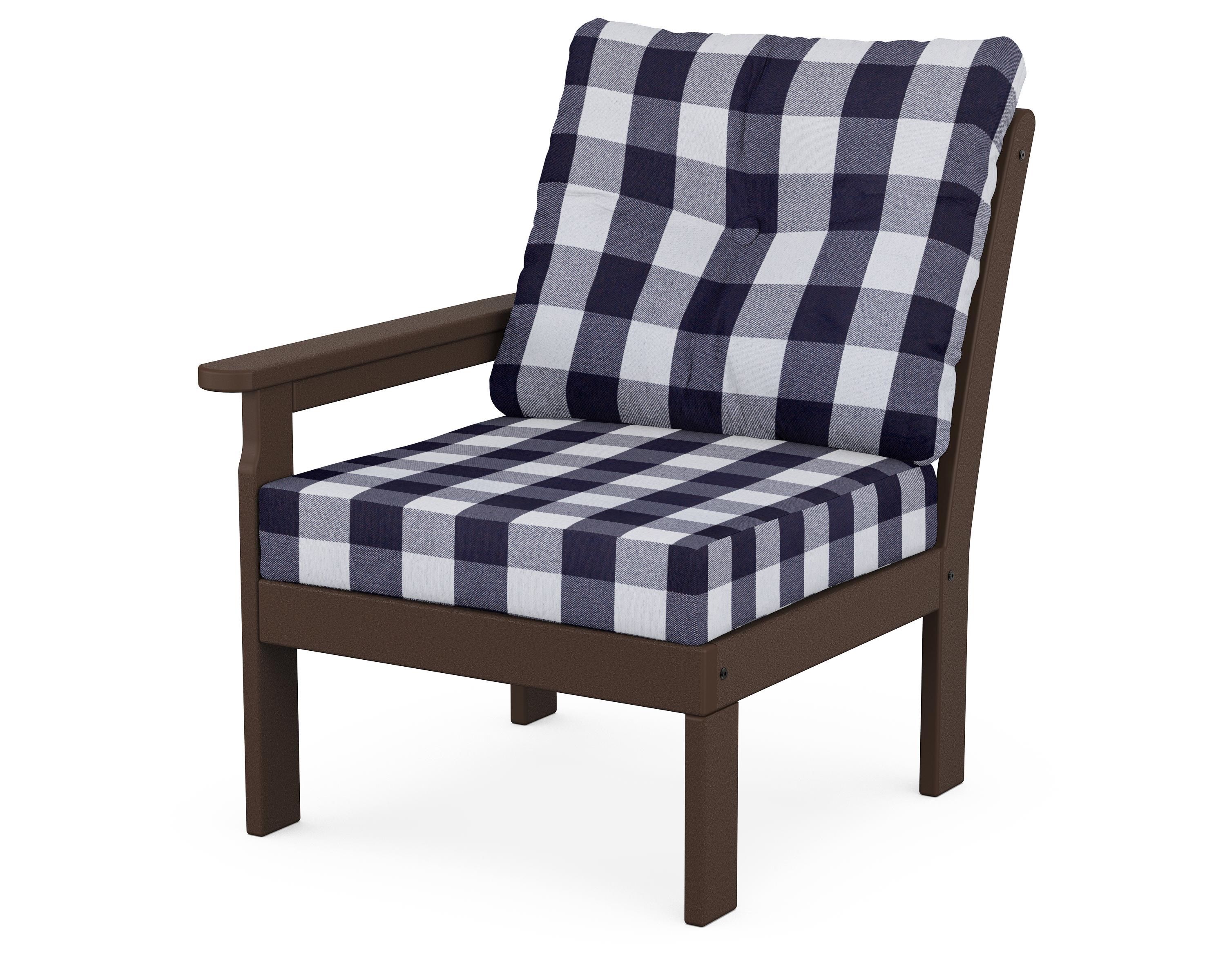 POLYWOOD® Vineyard Modular Left Arm Chair in Mahogany / Buffalo Plaid Navy