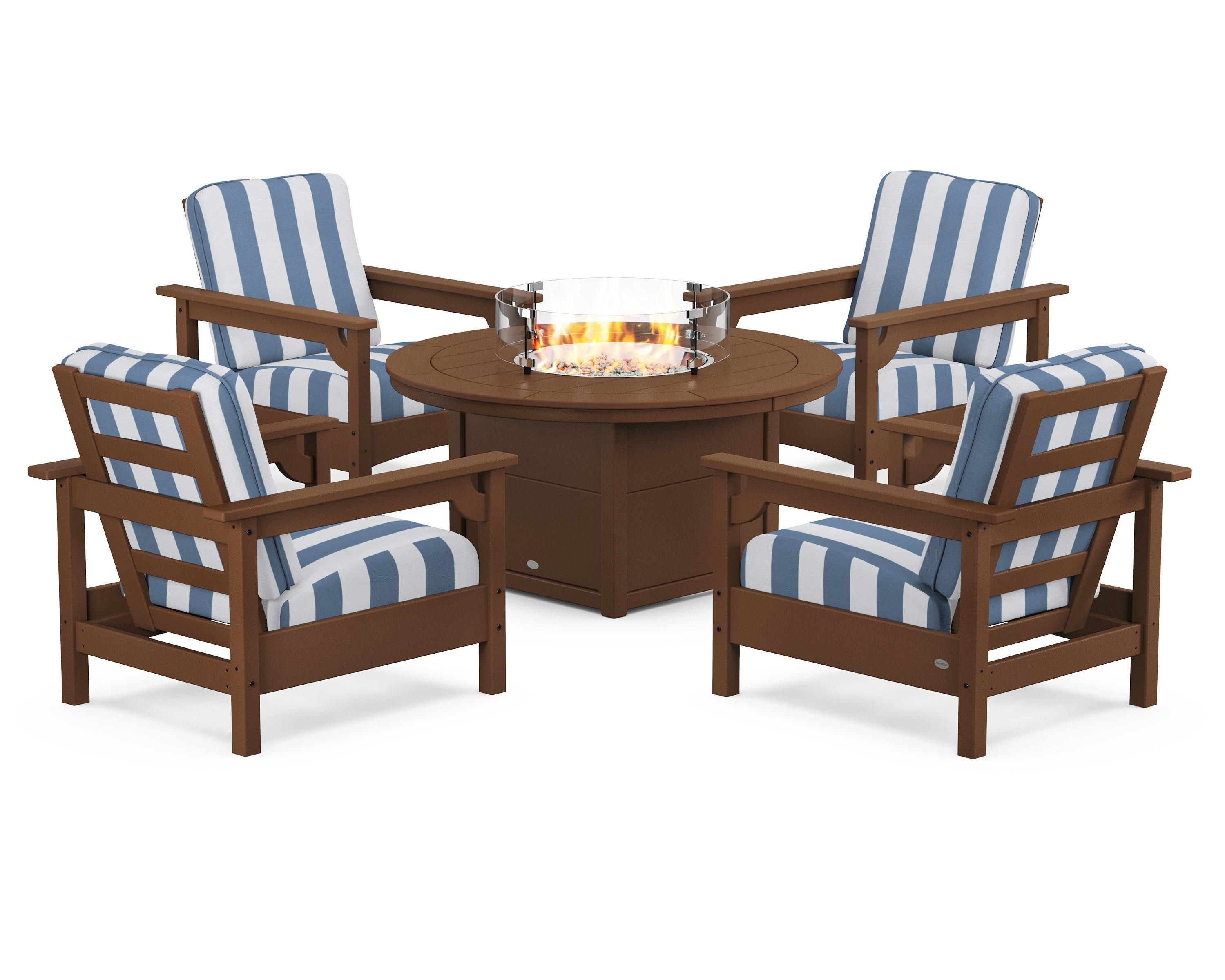 POLYWOOD® Club 5-Piece Conversation Set with Fire Pit Table in Teak / Cabana Stripe Sky Blue