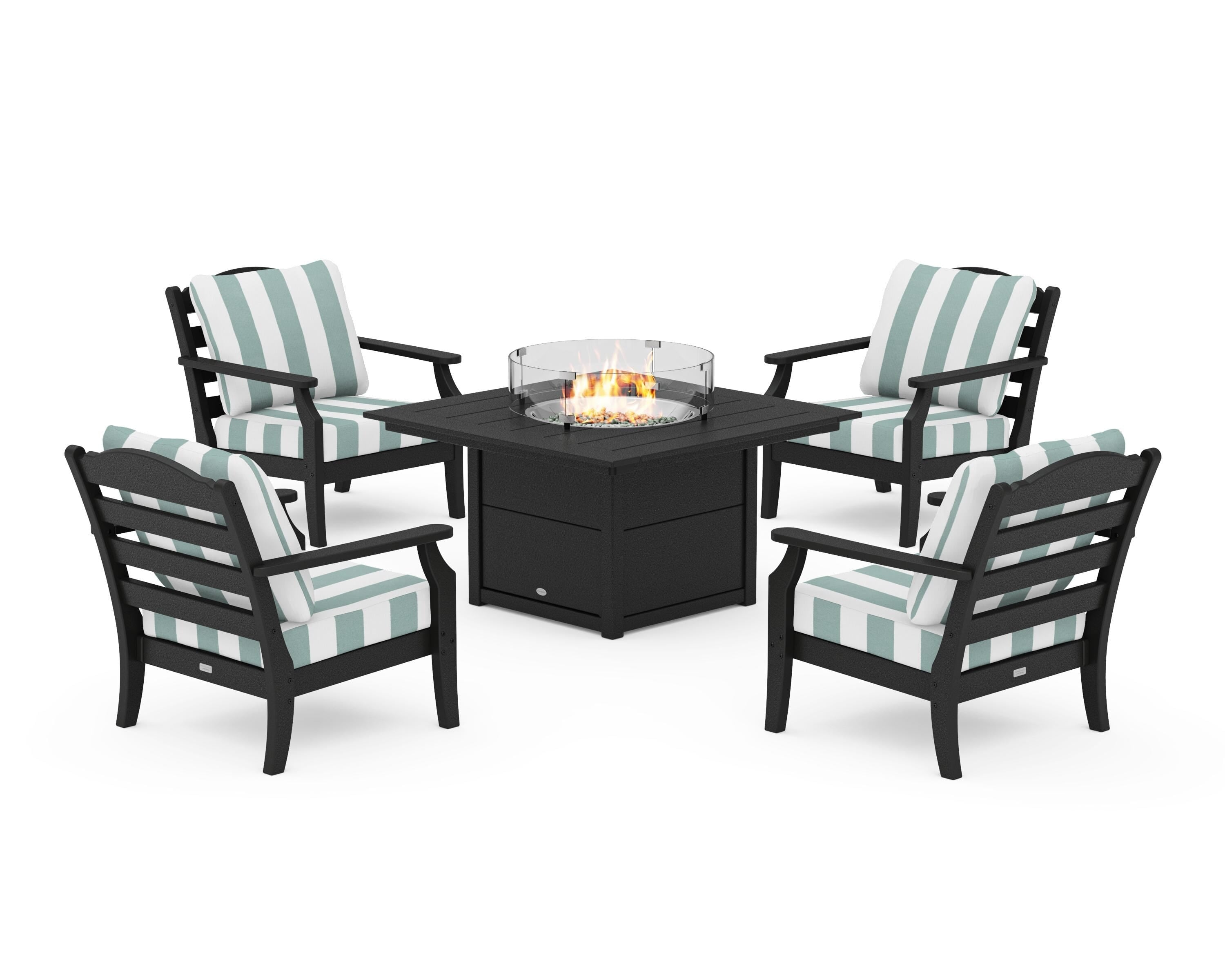 Draper James™ by POLYWOOD® Savannah 5-Piece Deep Seating Set with Fire Pit Table in Black / Cabana Stripe Glacier Spa