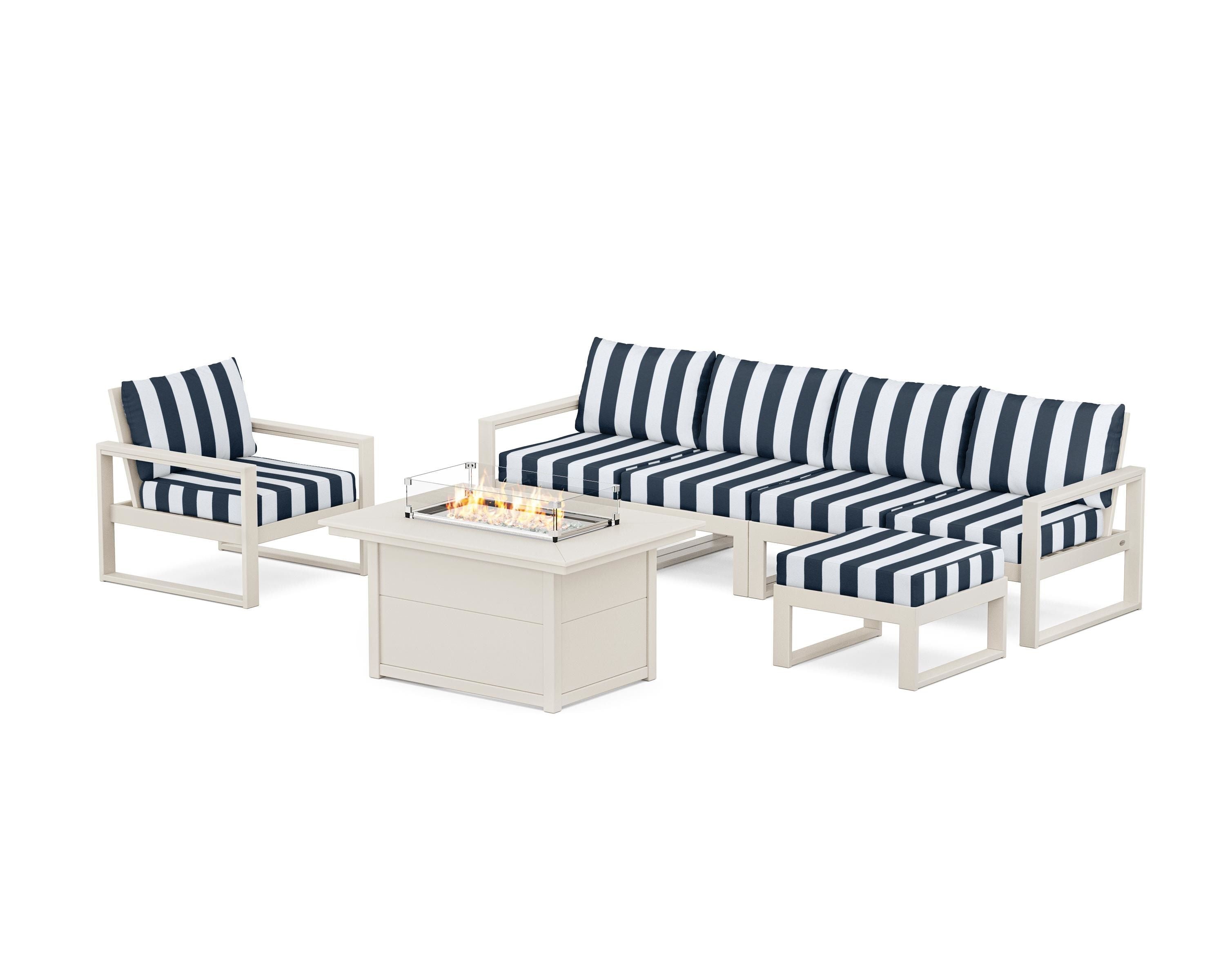 POLYWOOD® EDGE Sectional Lounge and Fire Pit Set in Sand / Cabana Stripe Marine Indigo