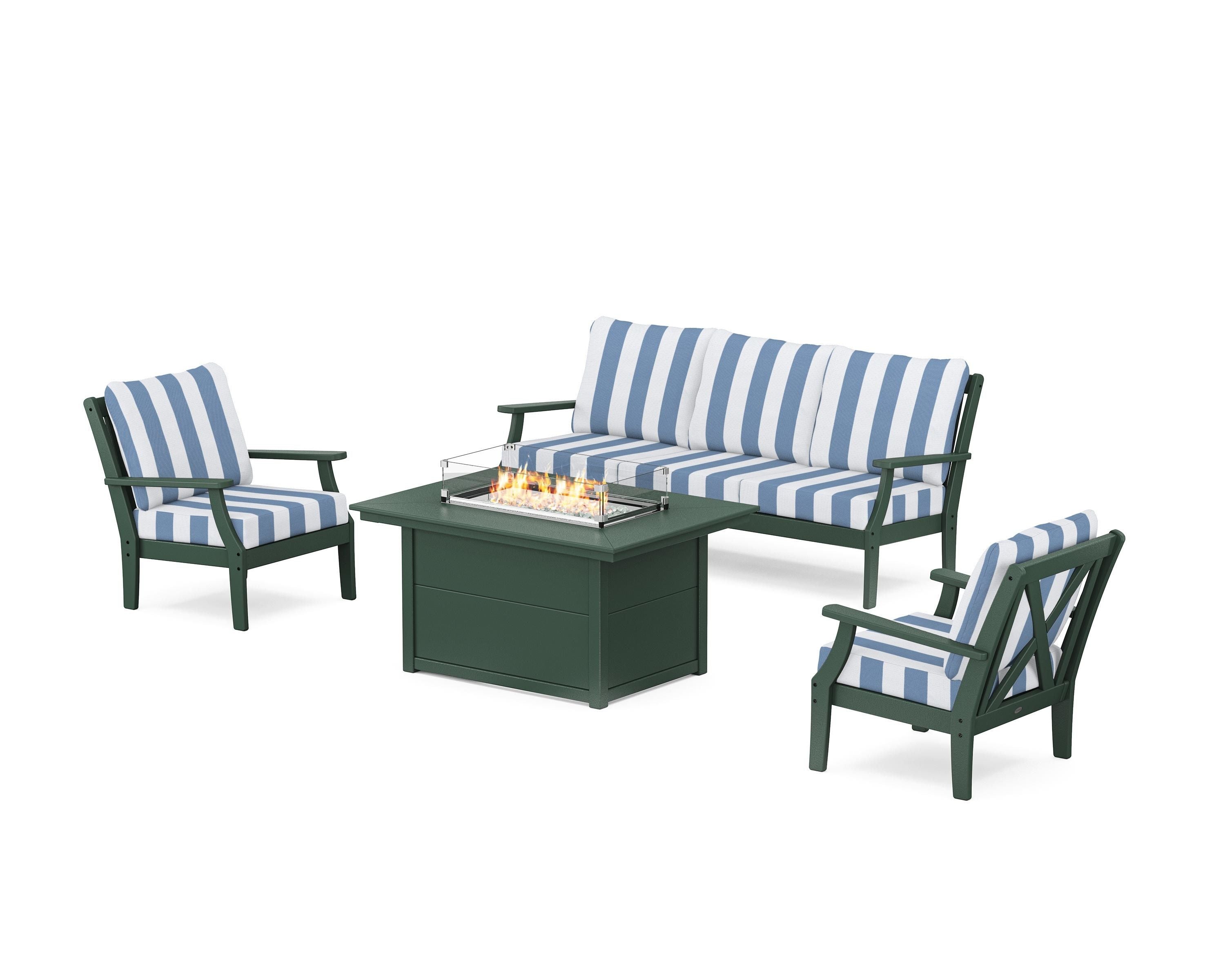 POLYWOOD® Braxton Deep Seating Fire Pit Table Set in Green / Cabana Stripe Sky Blue