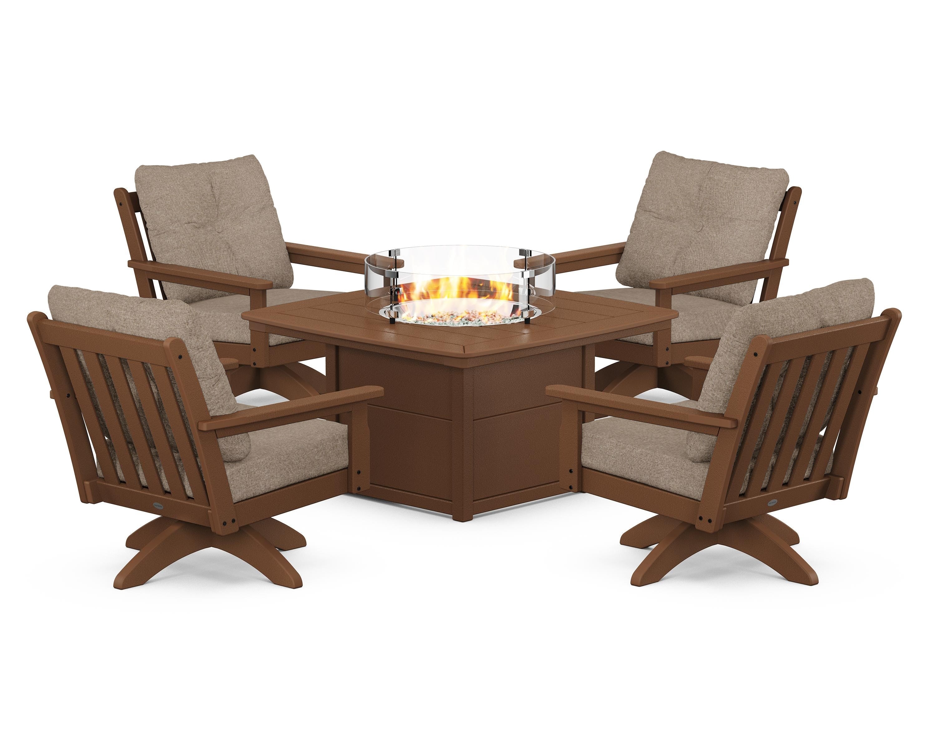 POLYWOOD® Vineyard 5-Piece Deep Seating Swivel Conversation Set with Fire Pit Table in Teak / Spiced Burlap