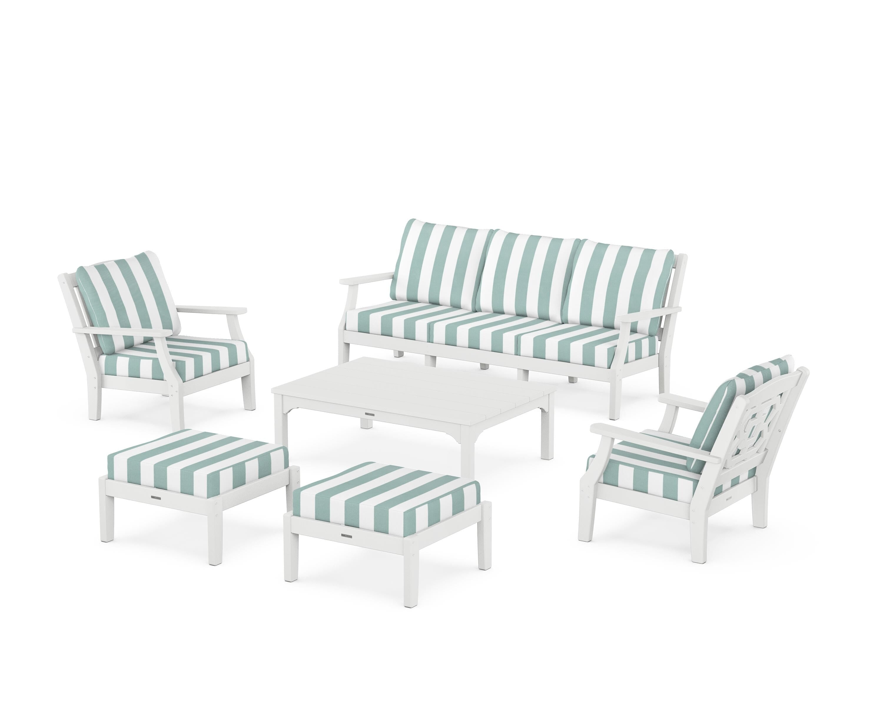 Martha Stewart by POLYWOOD® Chinoiserie 6-Piece Lounge Sofa Set in White / Cabana Stripe Glacier Spa