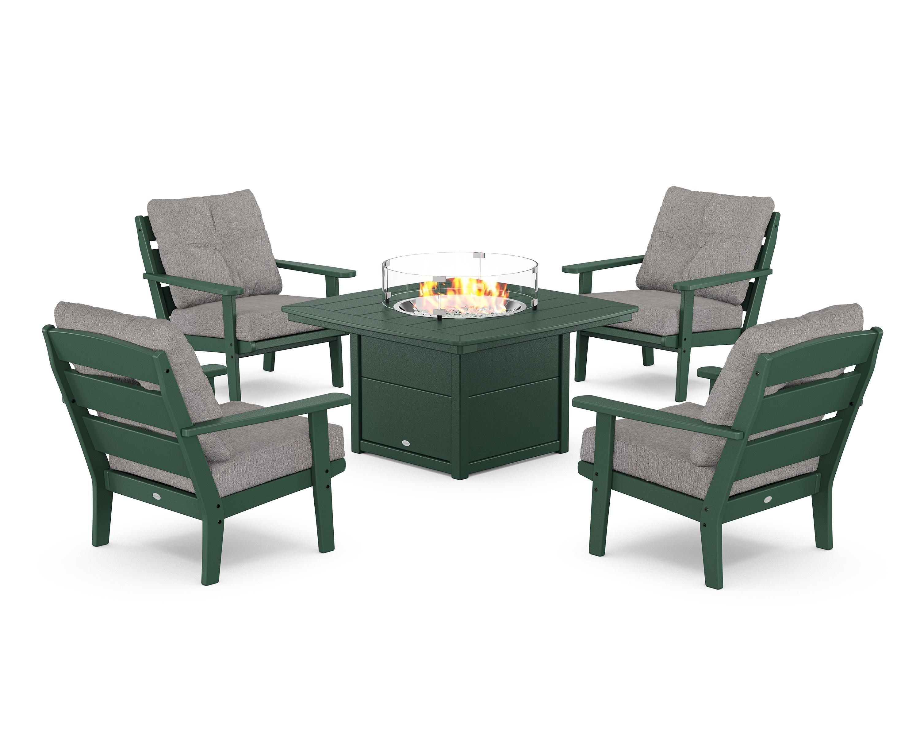 POLYWOOD® Lakeside 5-Piece Deep Seating Set with Nautical Fire Pit Table in Green / Grey Mist