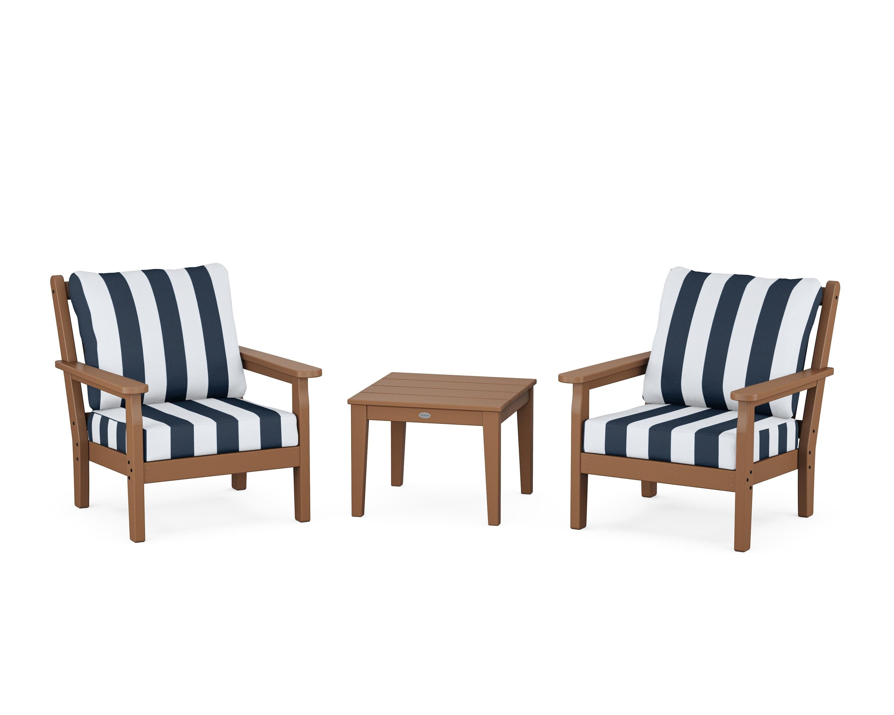 POLYWOOD® Chippendale 3-Piece Deep Seating Set in Teak / Cabana Stripe Marine Indigo