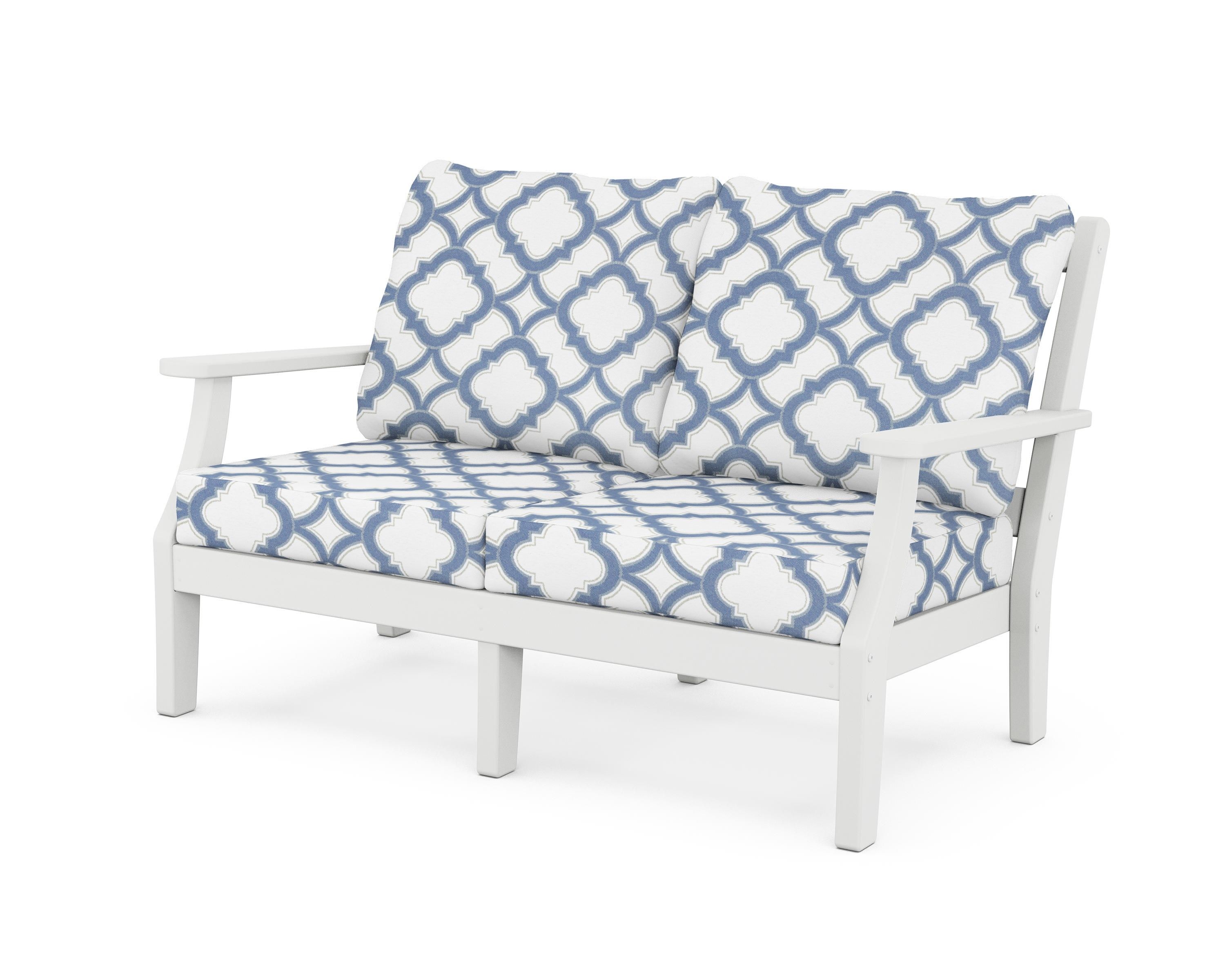 Martha Stewart by POLYWOOD® Chinoiserie Deep Seating Loveseat in White / Trellis Sky Blue