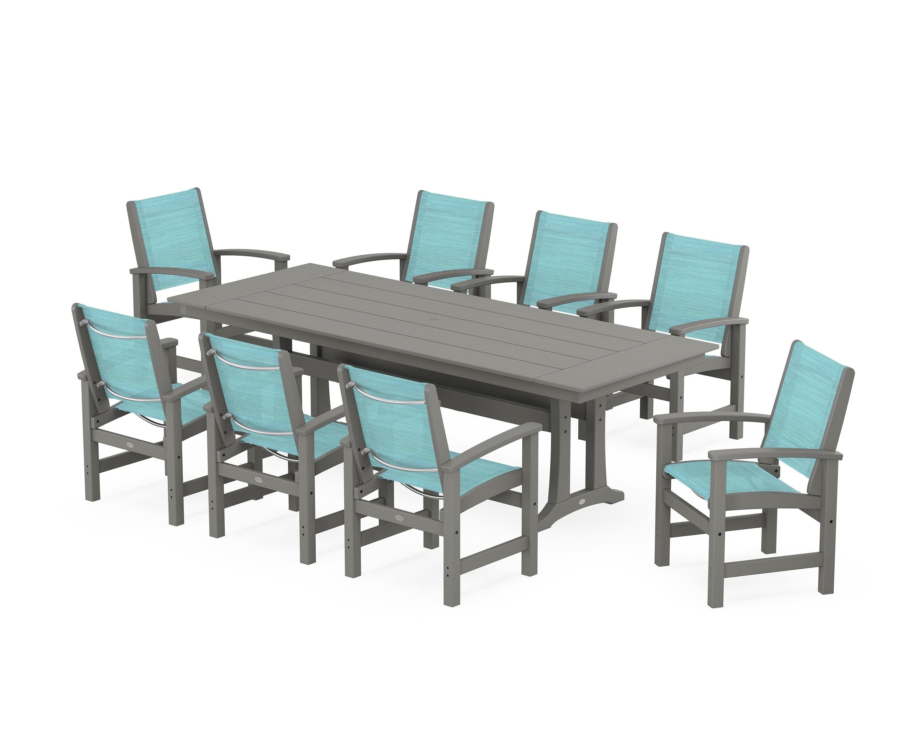 POLYWOOD® Coastal 9-Piece Farmhouse Dining Set with Trestle Legs in Slate Grey / Dupioni Aquamarine Sling