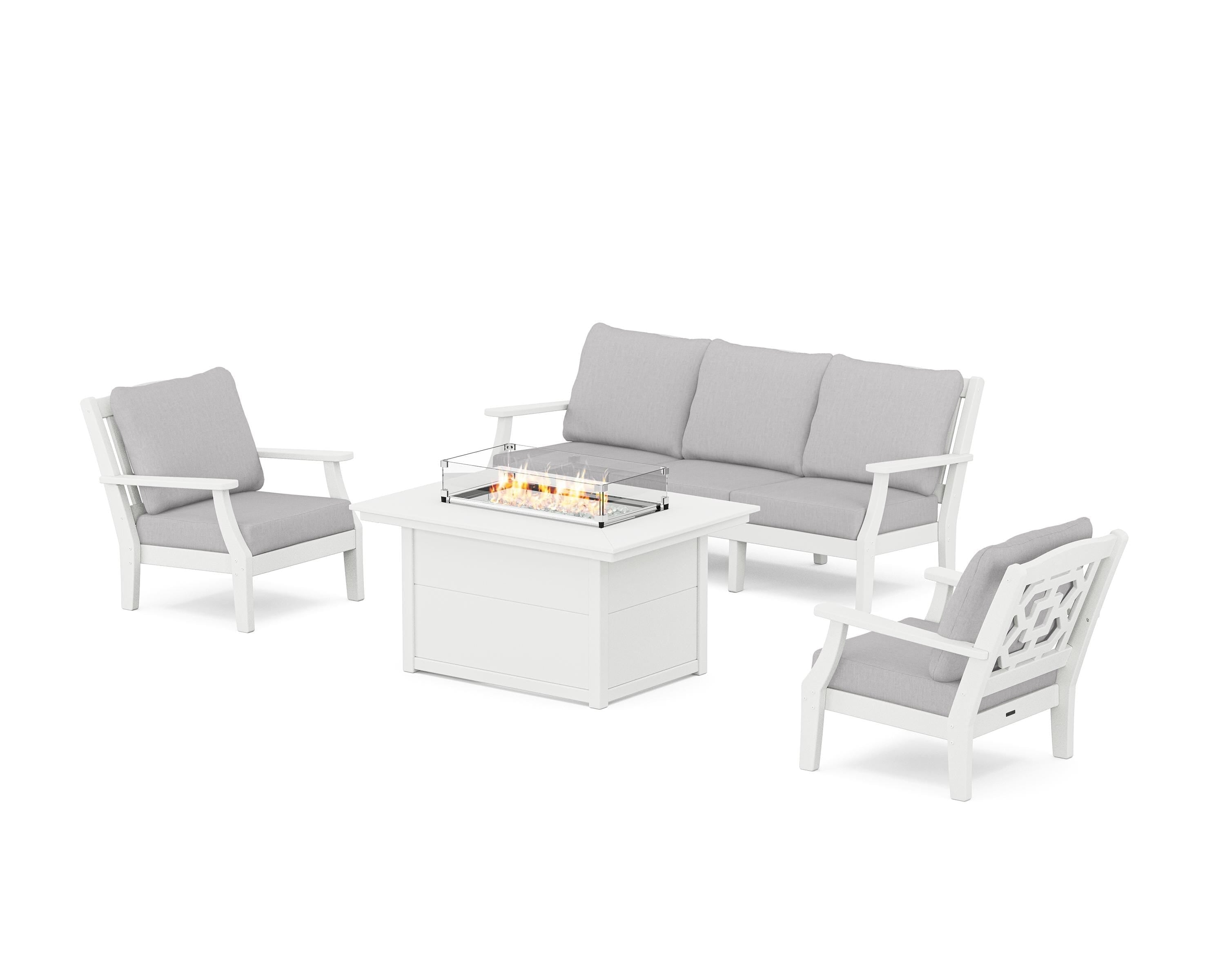 Martha Stewart by POLYWOOD® Chinoiserie Deep Seating Fire Pit Table Set in White / Granite