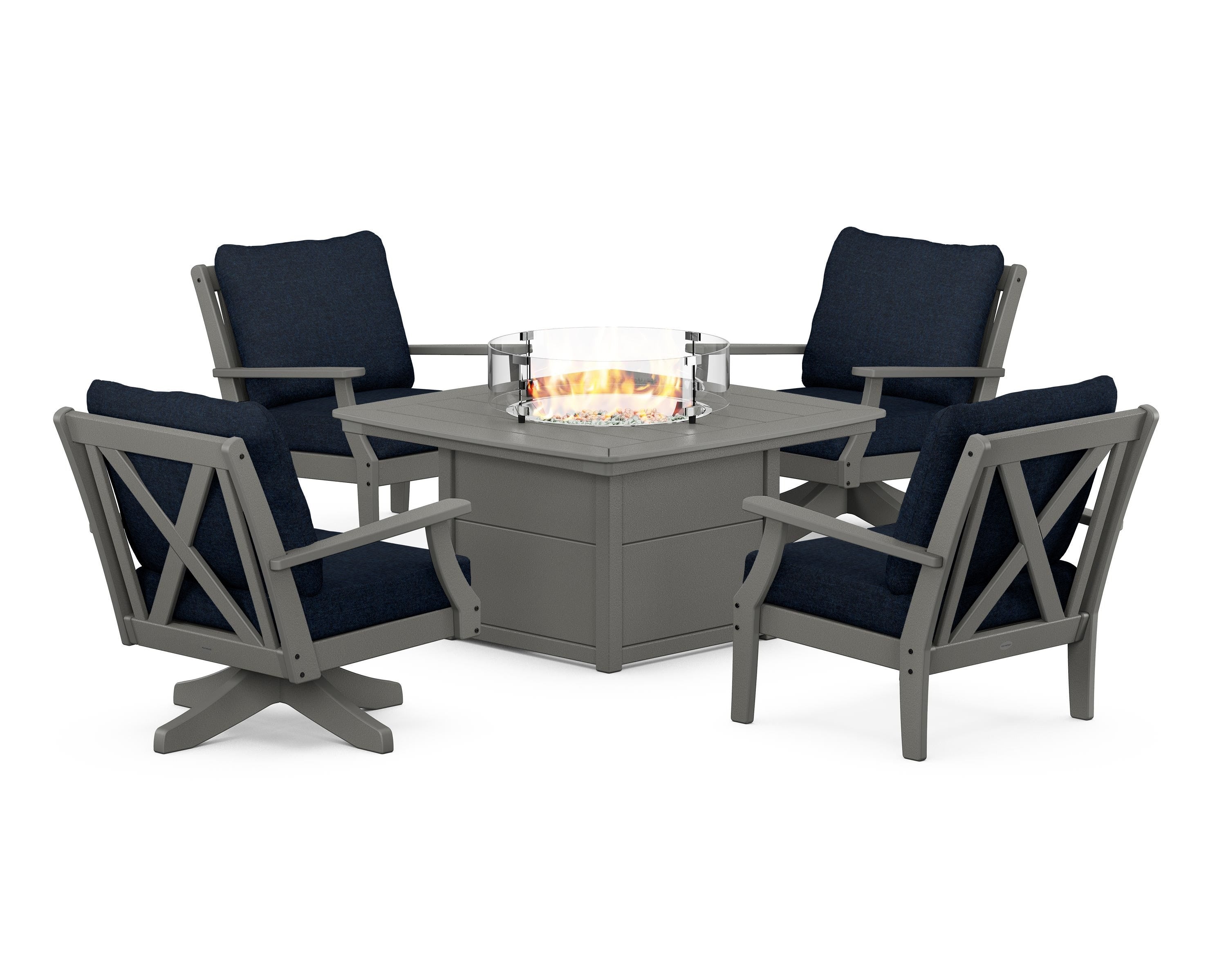 POLYWOOD® Braxton 5-Piece Deep Seating Set with Fire Table in Slate Grey / Marine Indigo