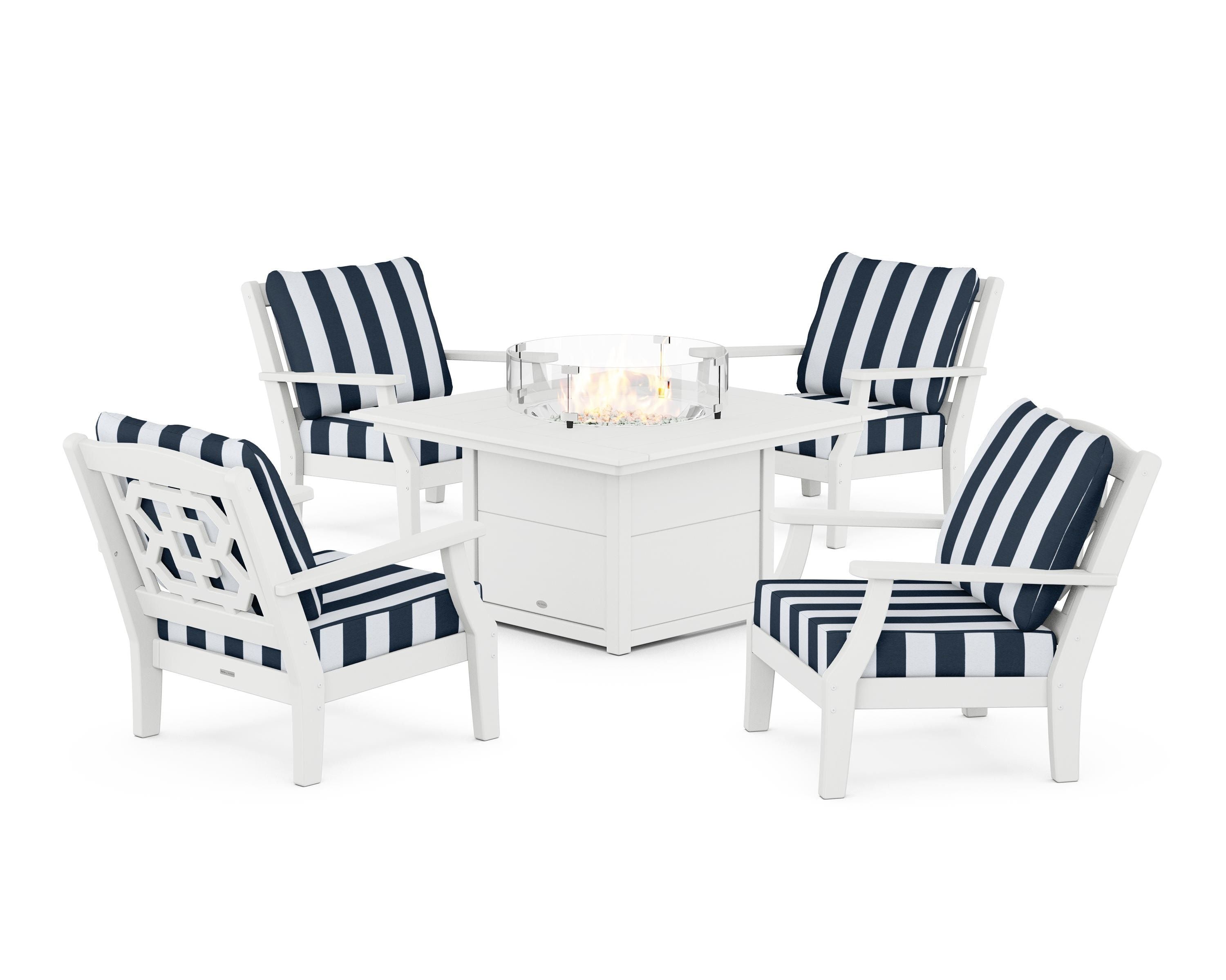 Martha Stewart by POLYWOOD® Chinoiserie 5-Piece Deep Seating Set with Fire Pit Table in White / Cabana Stripe Marine Indigo
