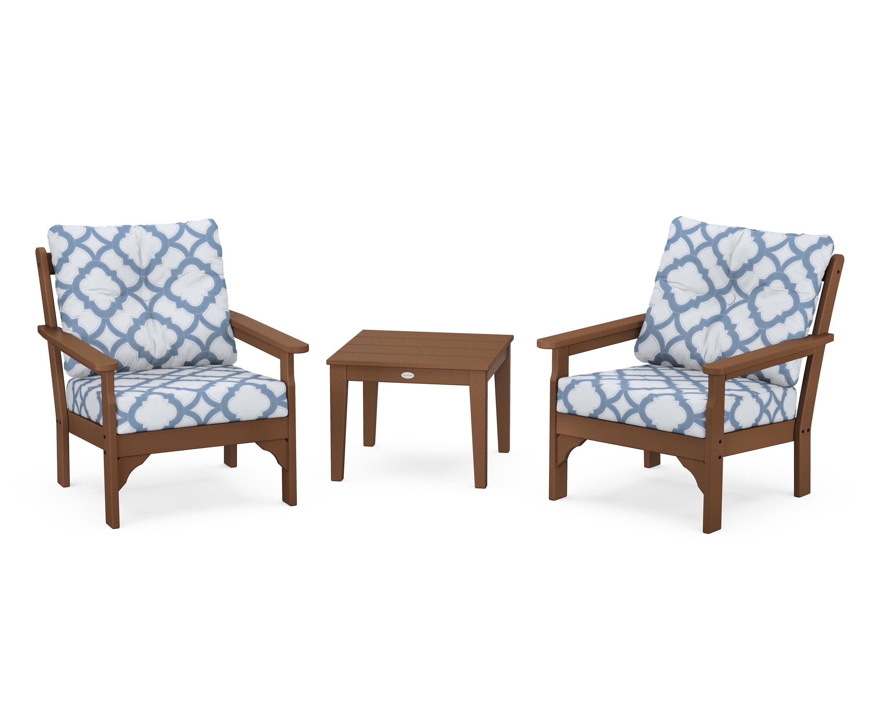 POLYWOOD® Vineyard 3-Piece Deep Seating Set in Teak / Trellis Sky Blue