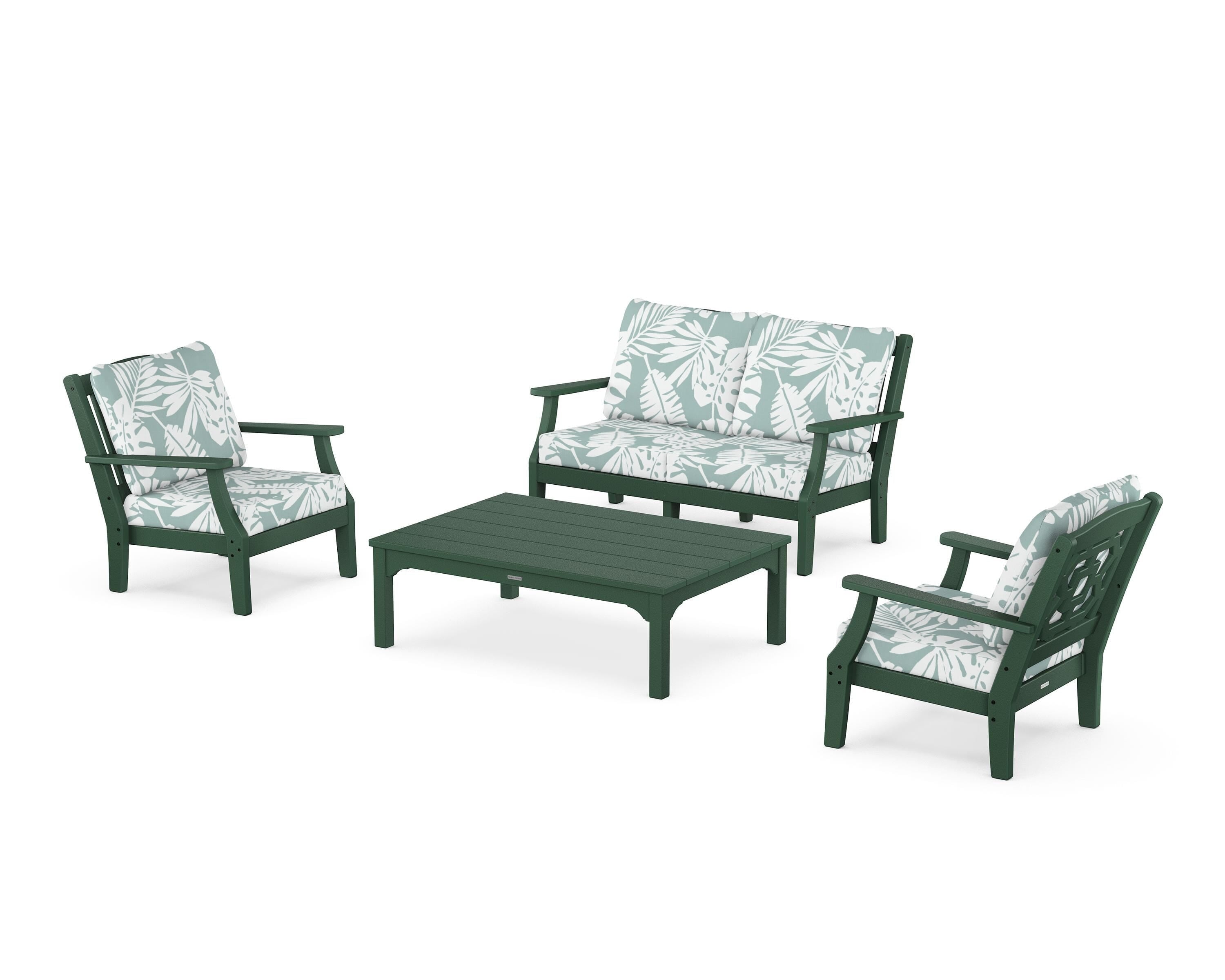 Martha Stewart by POLYWOOD® Chinoiserie 4-Piece Deep Seating Set with Loveseat in Green / Leaf Glacier Spa