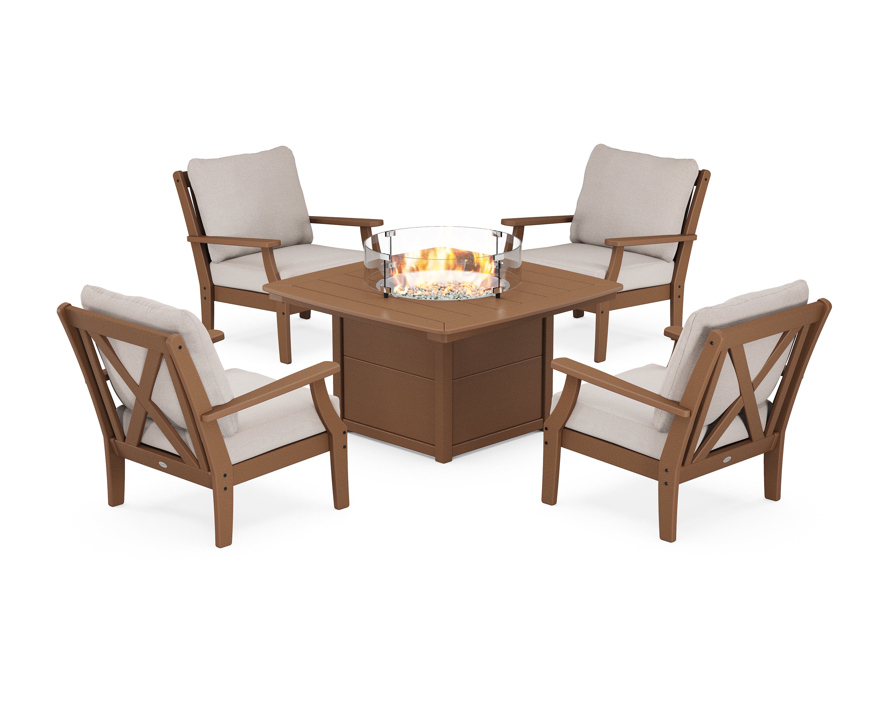 POLYWOOD® Braxton 5-Piece Deep Seating Conversation Set with Fire Pit Table in Teak / Dune Burlap