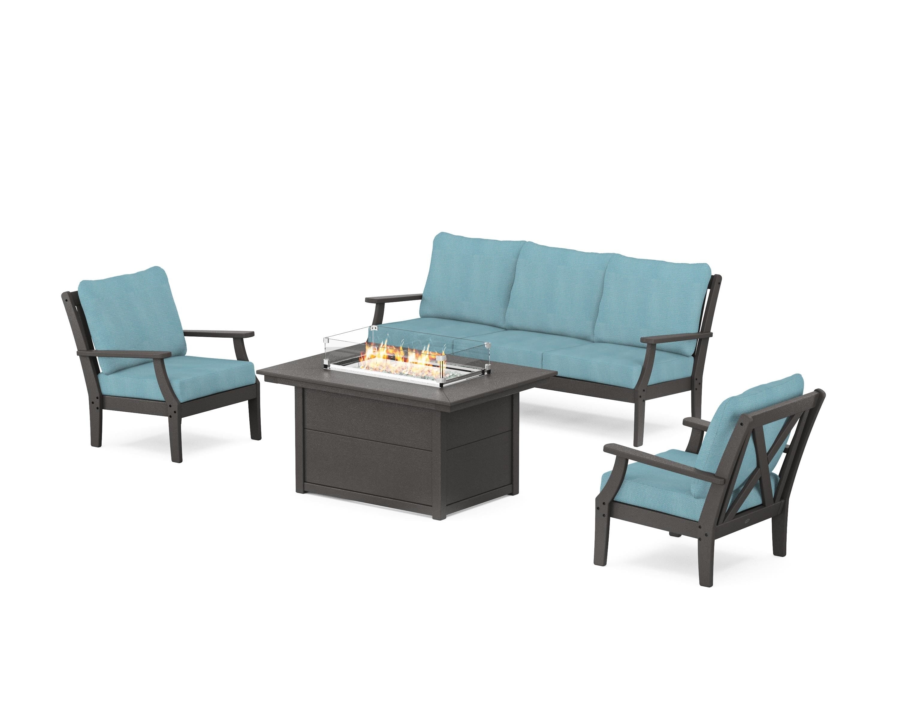 POLYWOOD® Braxton Deep Seating Fire Pit Table Set in Vintage Coffee / Lattice Sky Blue