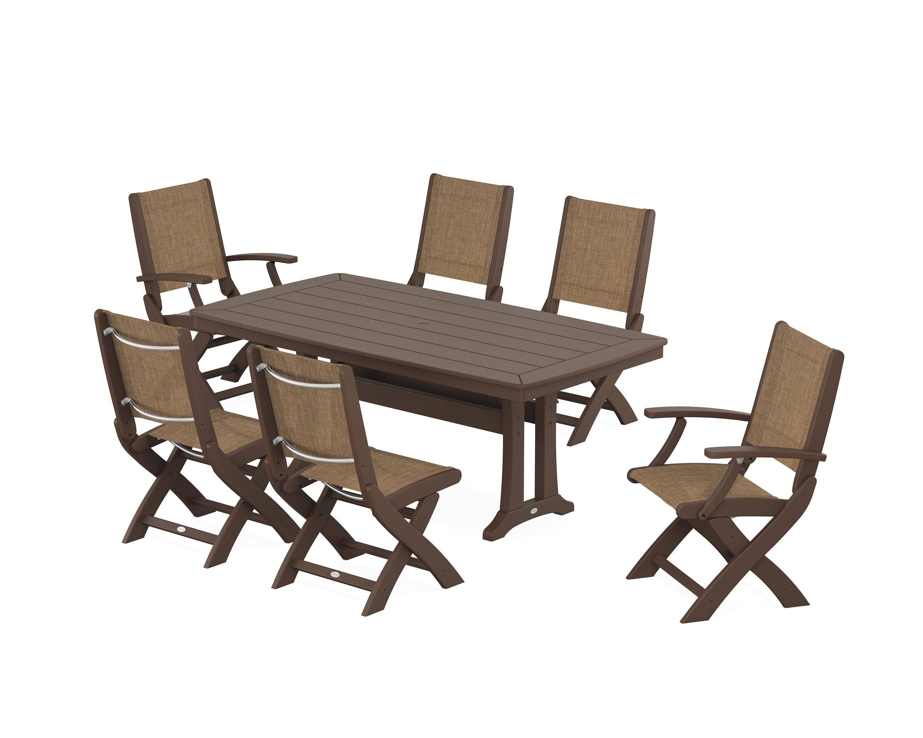POLYWOOD® Coastal Folding Chair 7-Piece Dining Set with Trestle Legs in Mahogany / Burlap Sling
