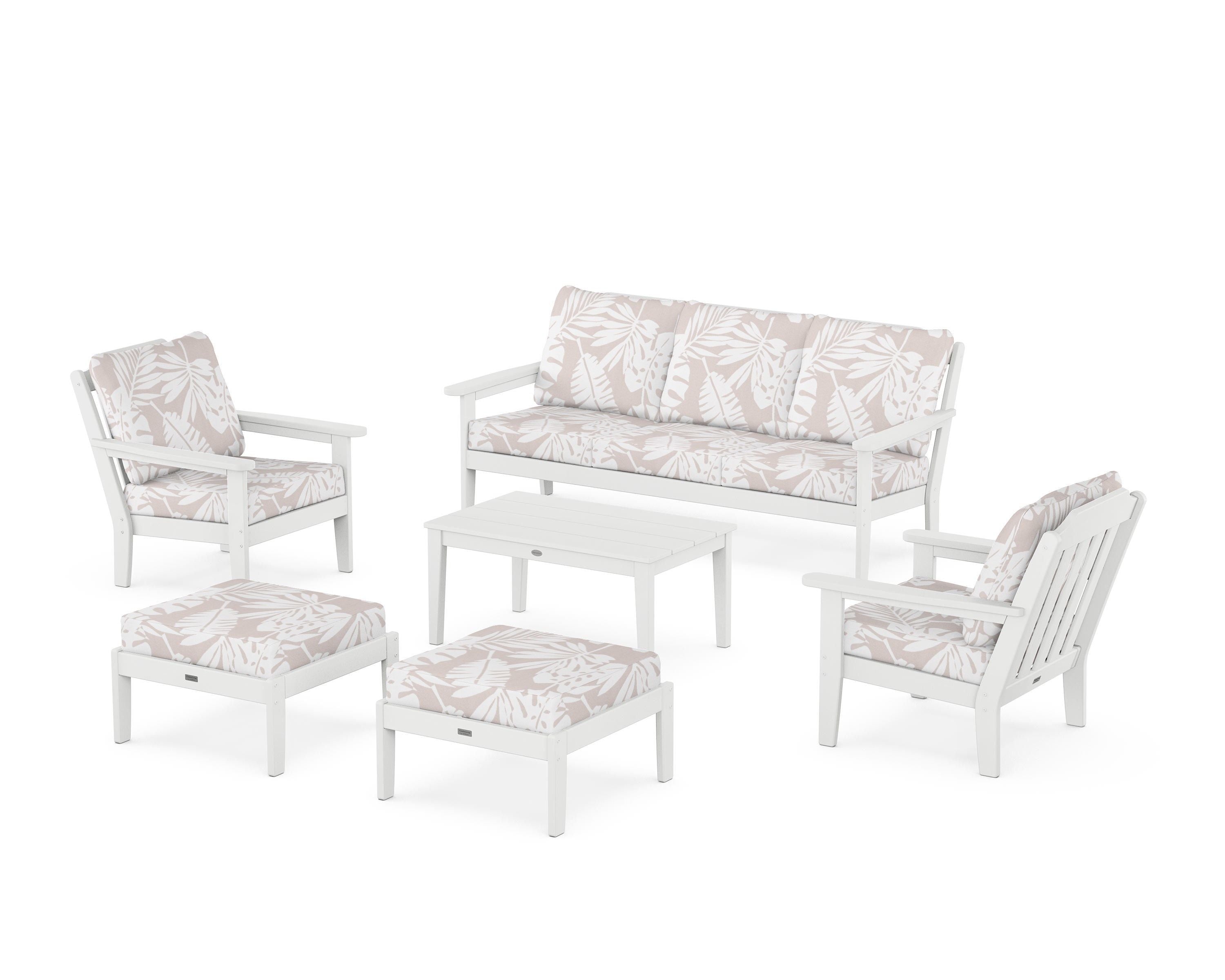 Country Living Cottage 6-Piece Lounge Sofa Set in White / Leaf Dune Burlap