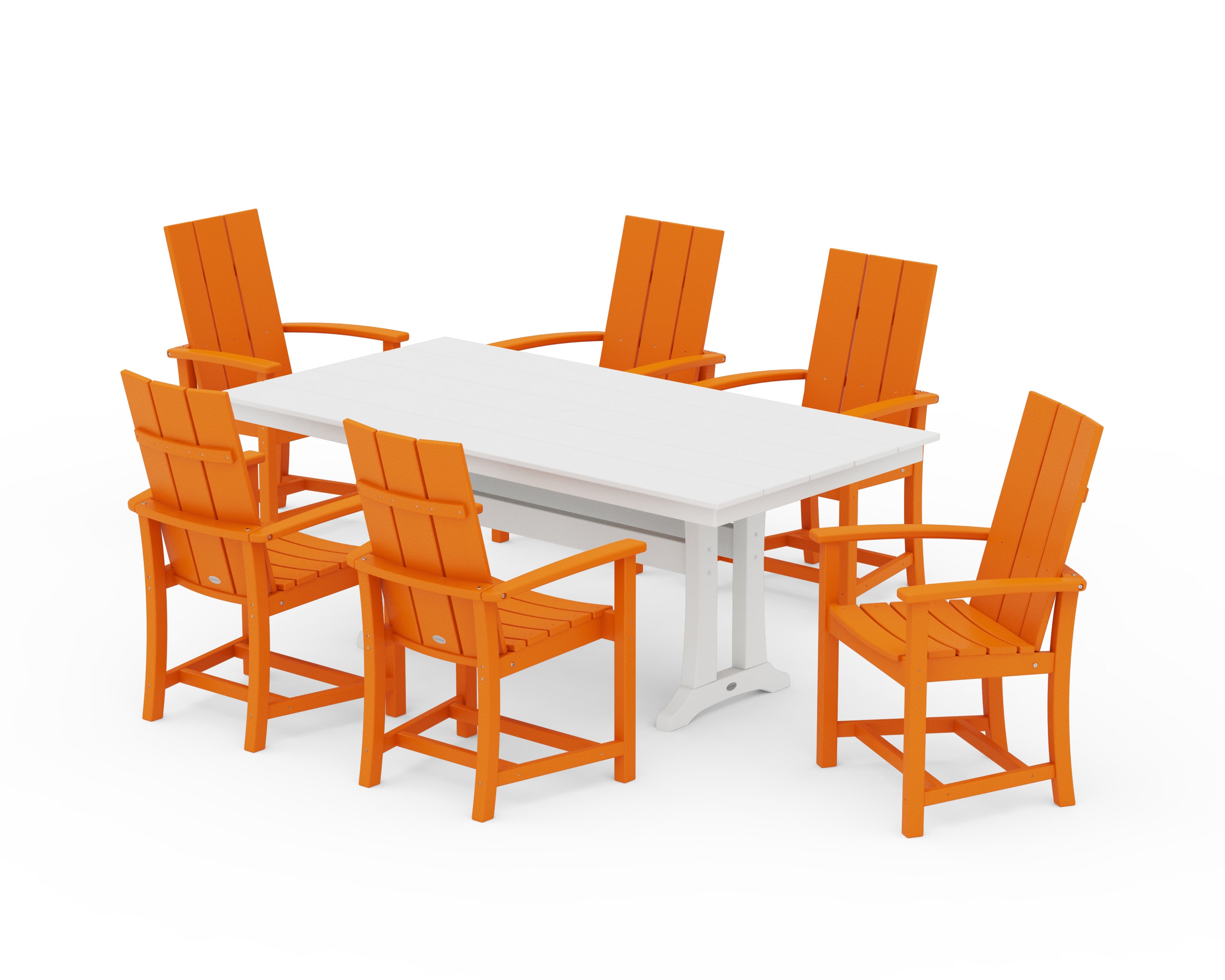 POLYWOOD® Modern Adirondack 7-Piece Farmhouse Dining Set with Trestle Legs in Tangerine / White