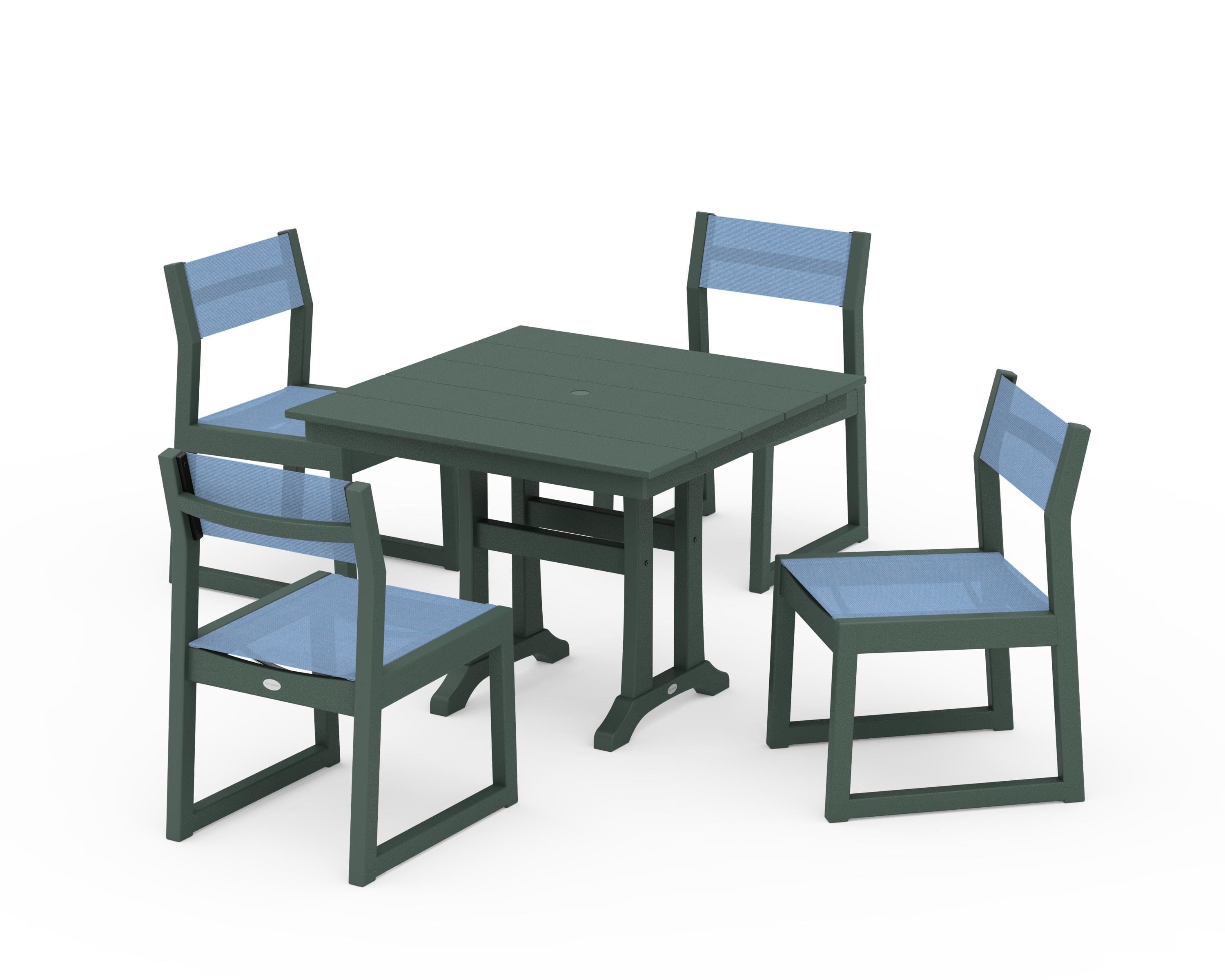 POLYWOOD® EDGE Sling 5-Piece Farmhouse Trestle Side Chair Dining Set in Green / Poolside Sling