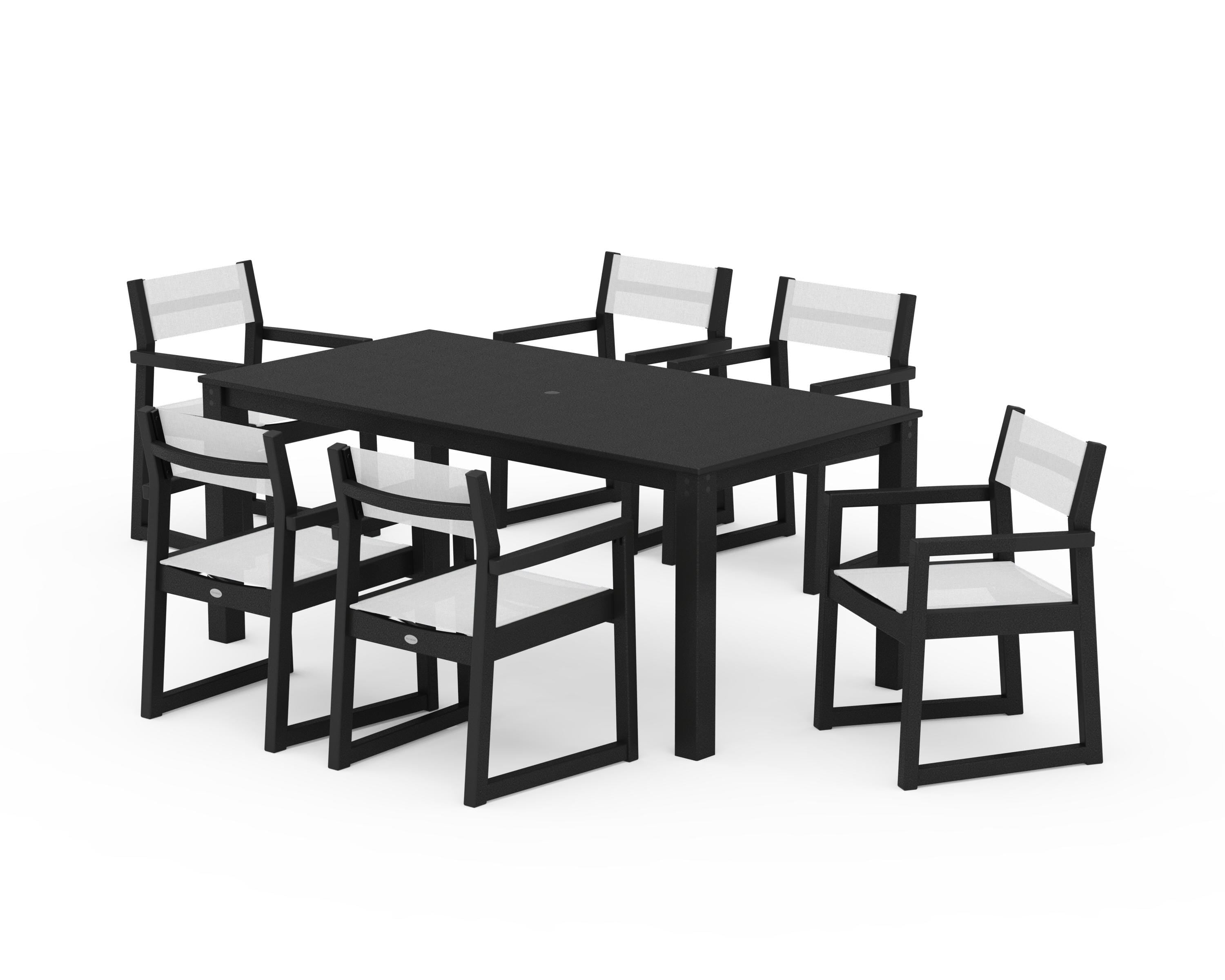 POLYWOOD® EDGE Sling Arm Chair 7-Piece Parsons Dining Set in Black / White Sling