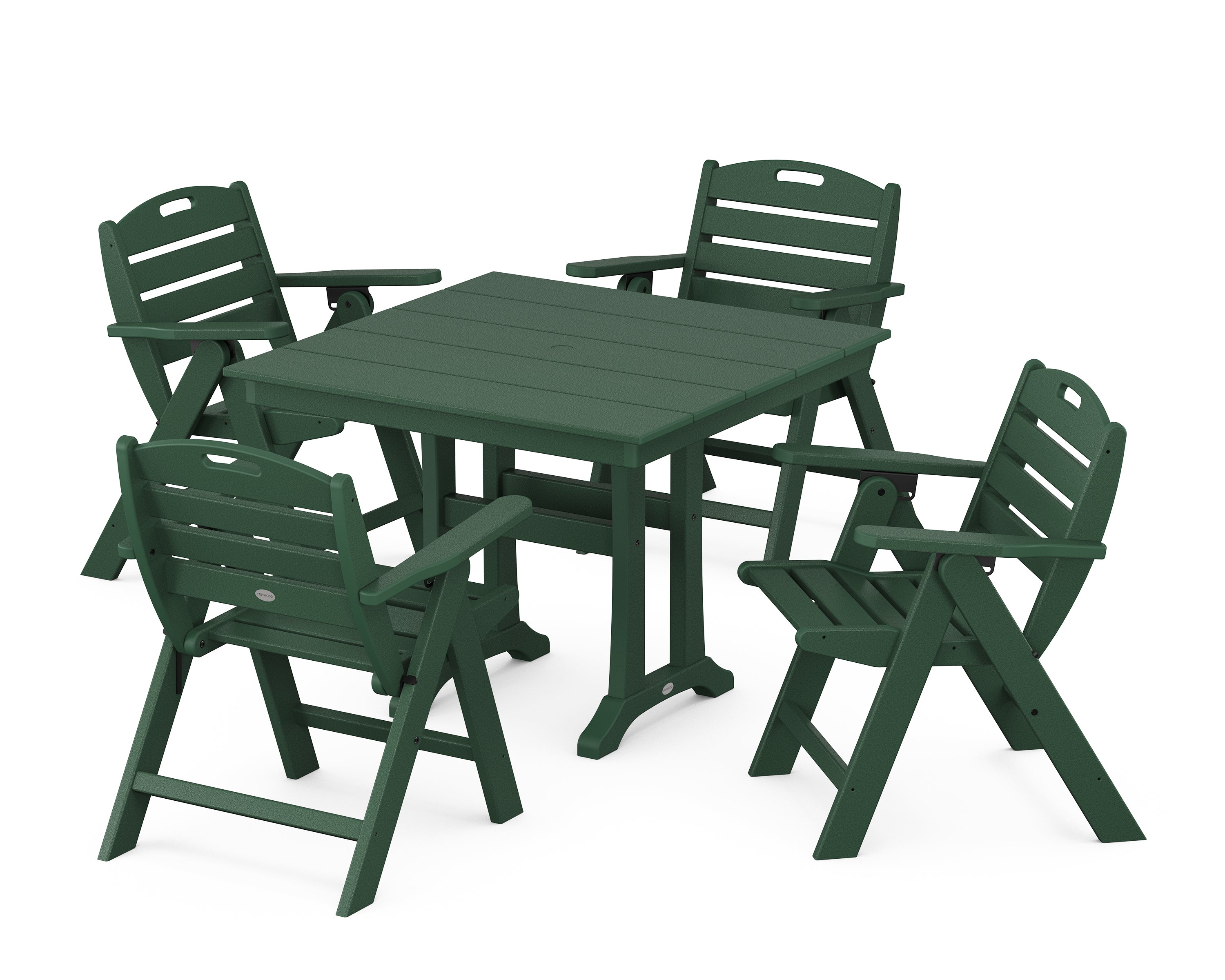 POLYWOOD® Nautical Folding Lowback Chair 5-Piece Farmhouse Dining Set With Trestle Legs in Green