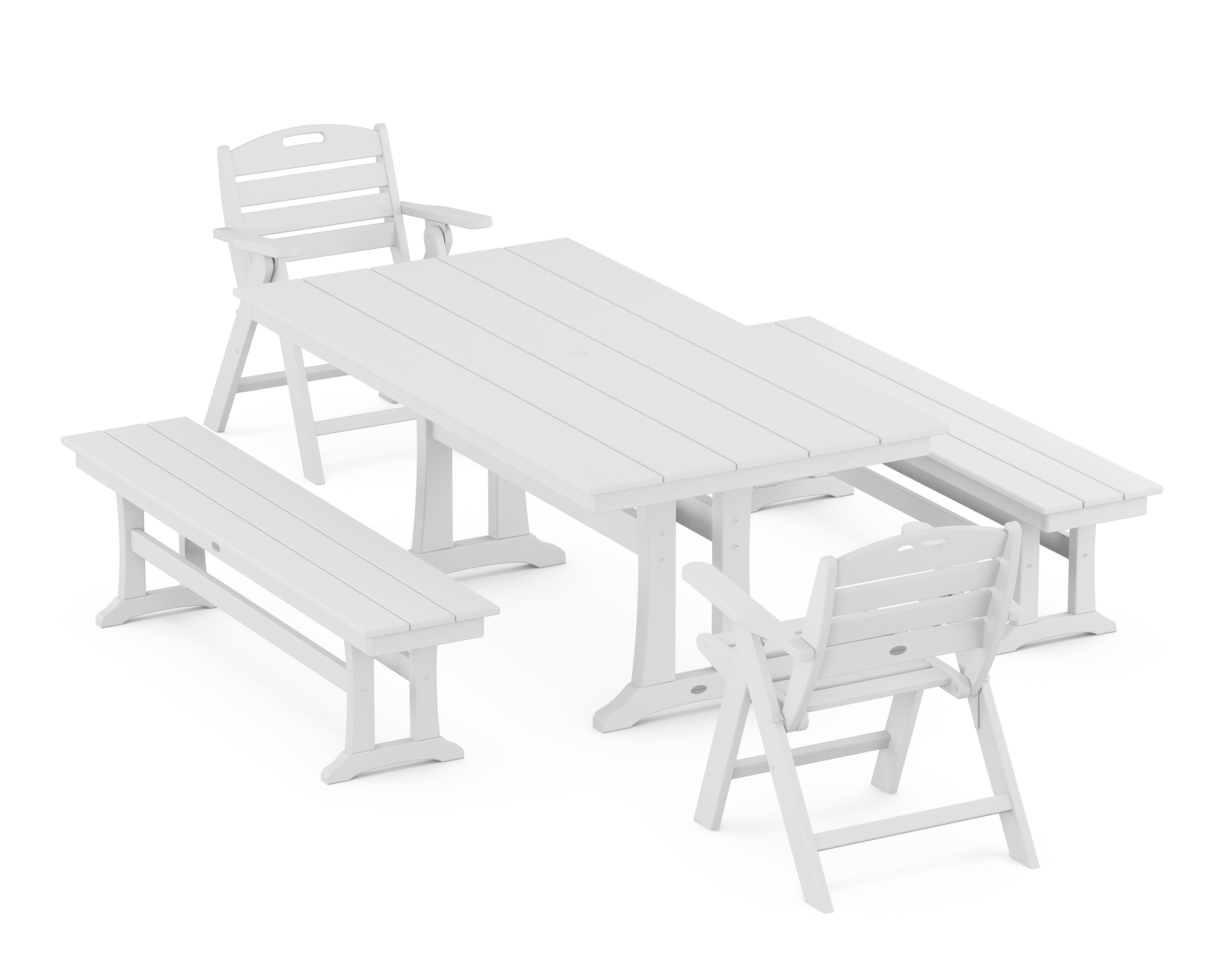 POLYWOOD® Nautical Folding Lowback Chair 5-Piece Farmhouse Dining Set With Trestle Legs in White