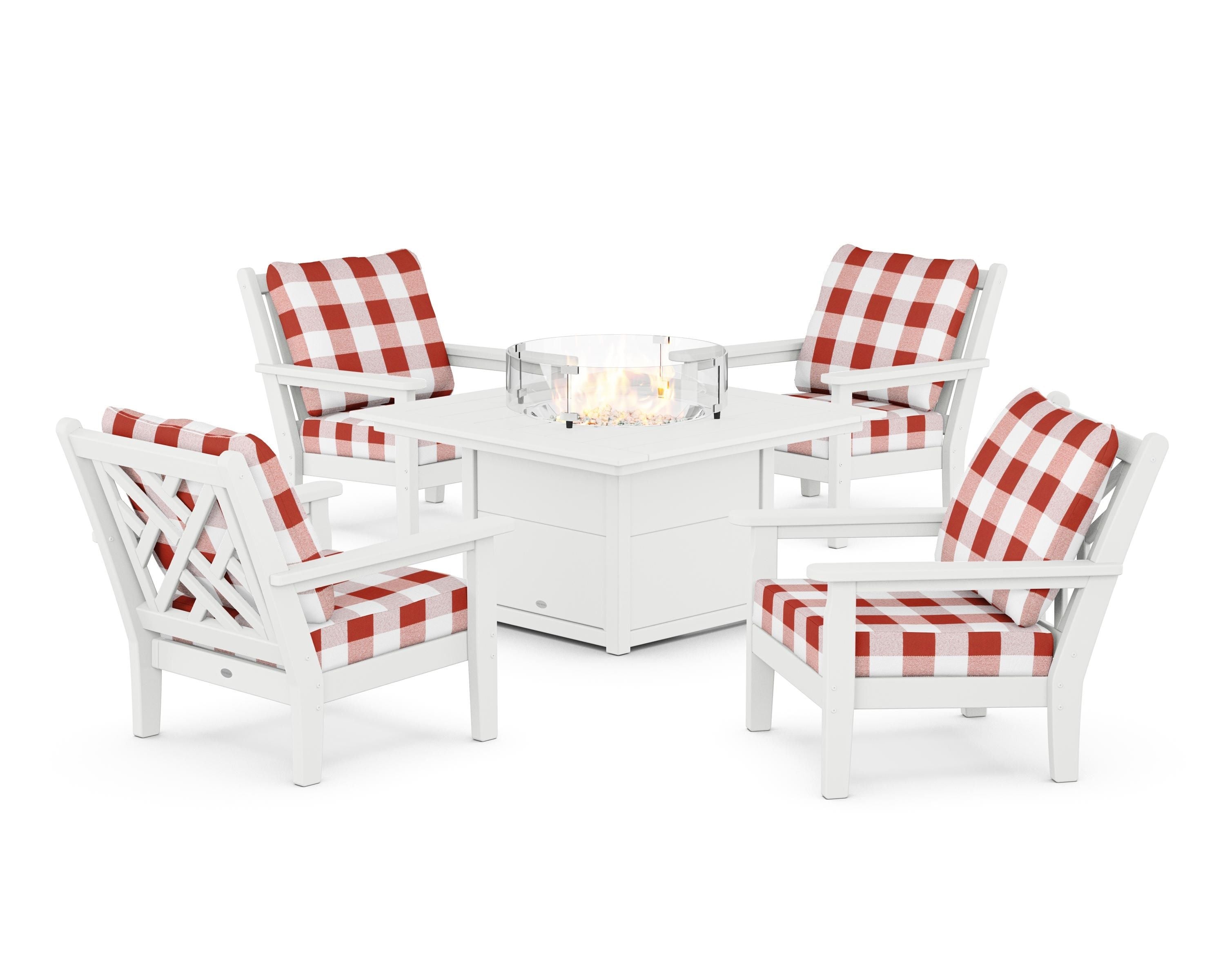 POLYWOOD® Chippendale 5-Piece Deep Seating Set with Fire Pit Table in White / Buffalo Plaid Crimson