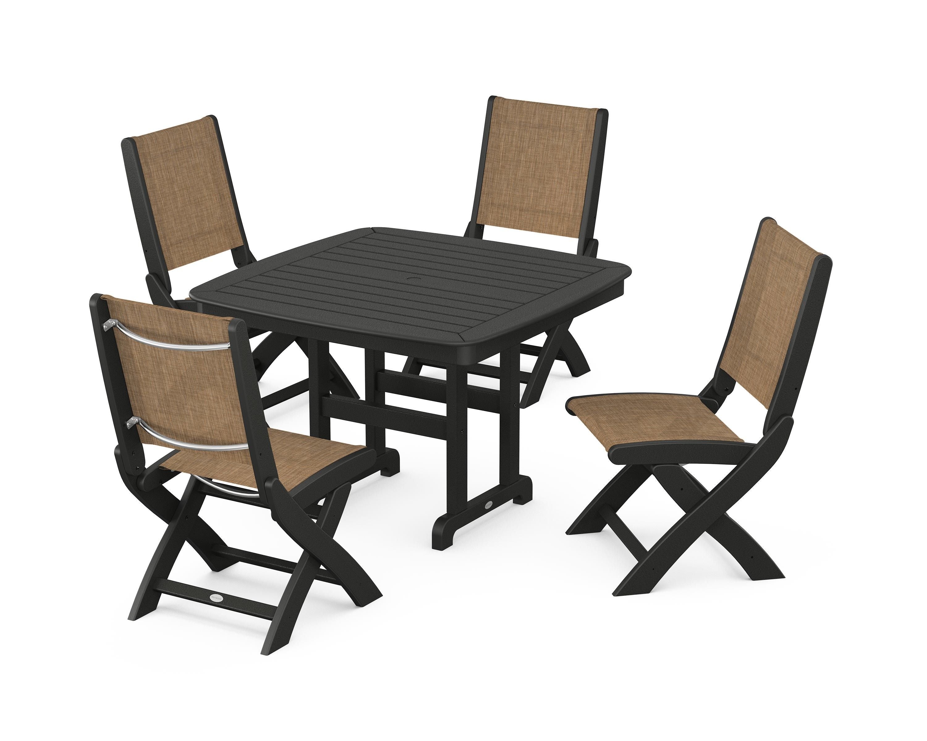 POLYWOOD® Coastal Folding Side Chair 5-Piece Dining Set in Black / Burlap Sling