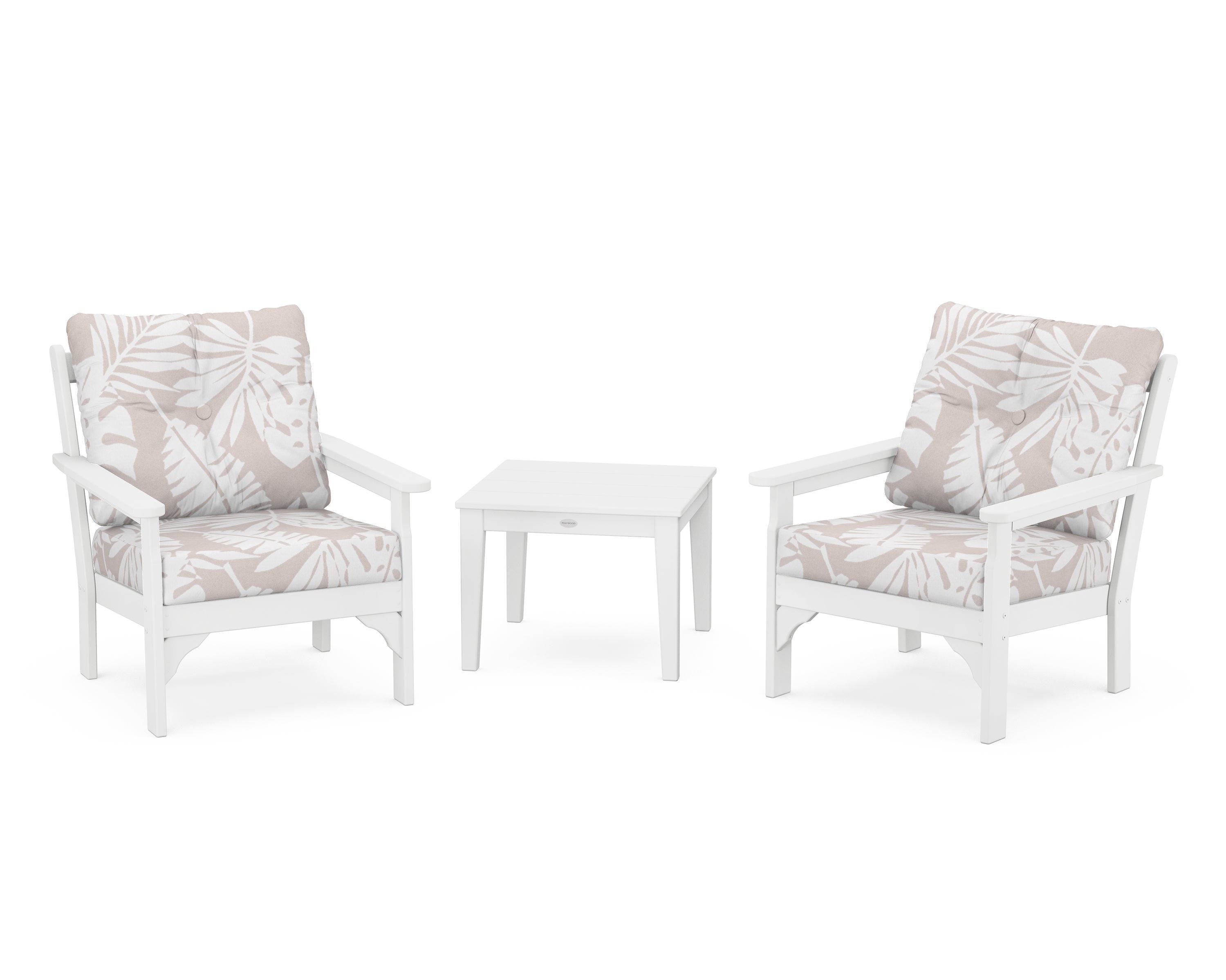 POLYWOOD® Vineyard 3-Piece Deep Seating Set in White / Leaf Dune Burlap