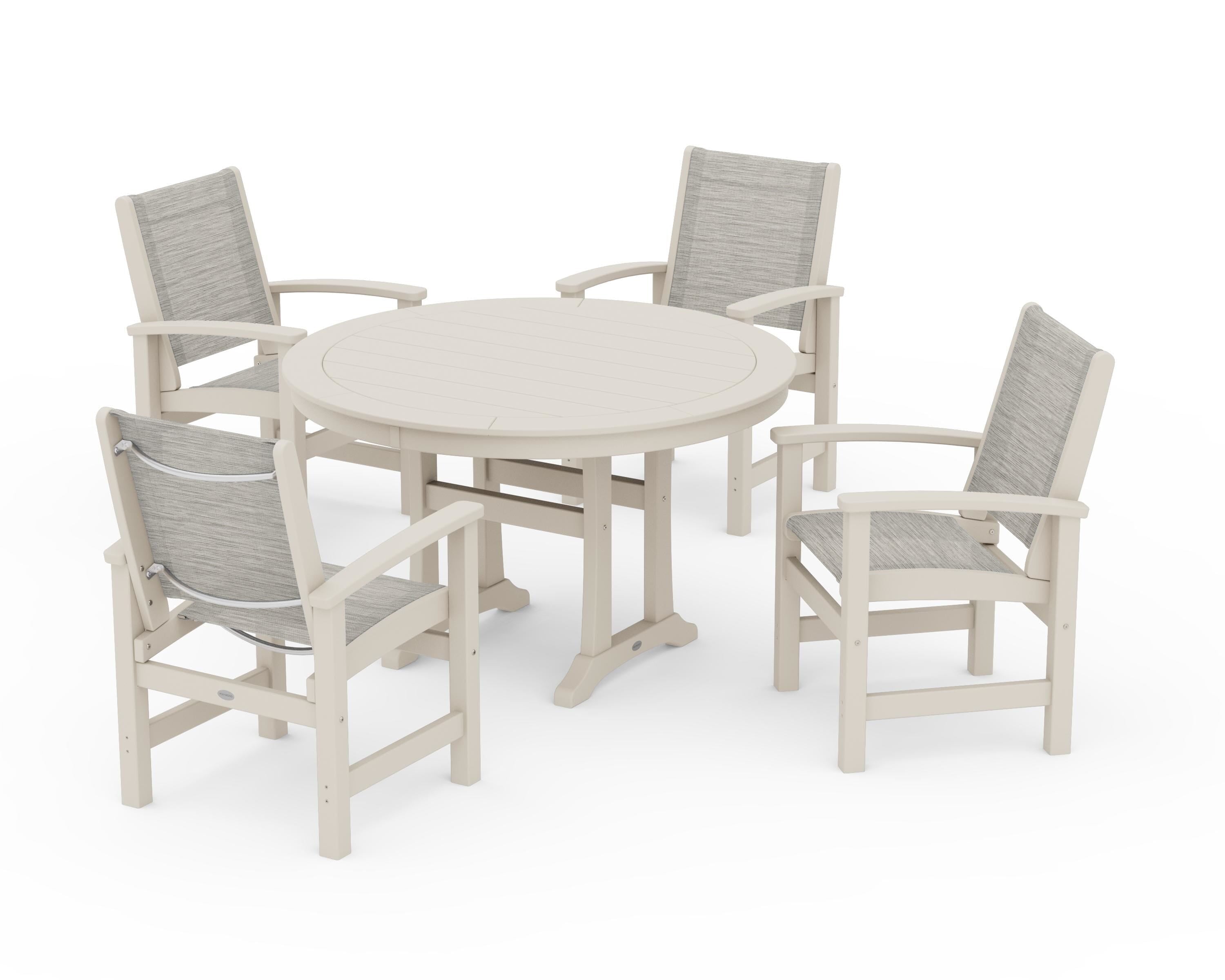 POLYWOOD® Coastal 5-Piece Round Dining Set with Trestle Legs in Sand / Birch Sling