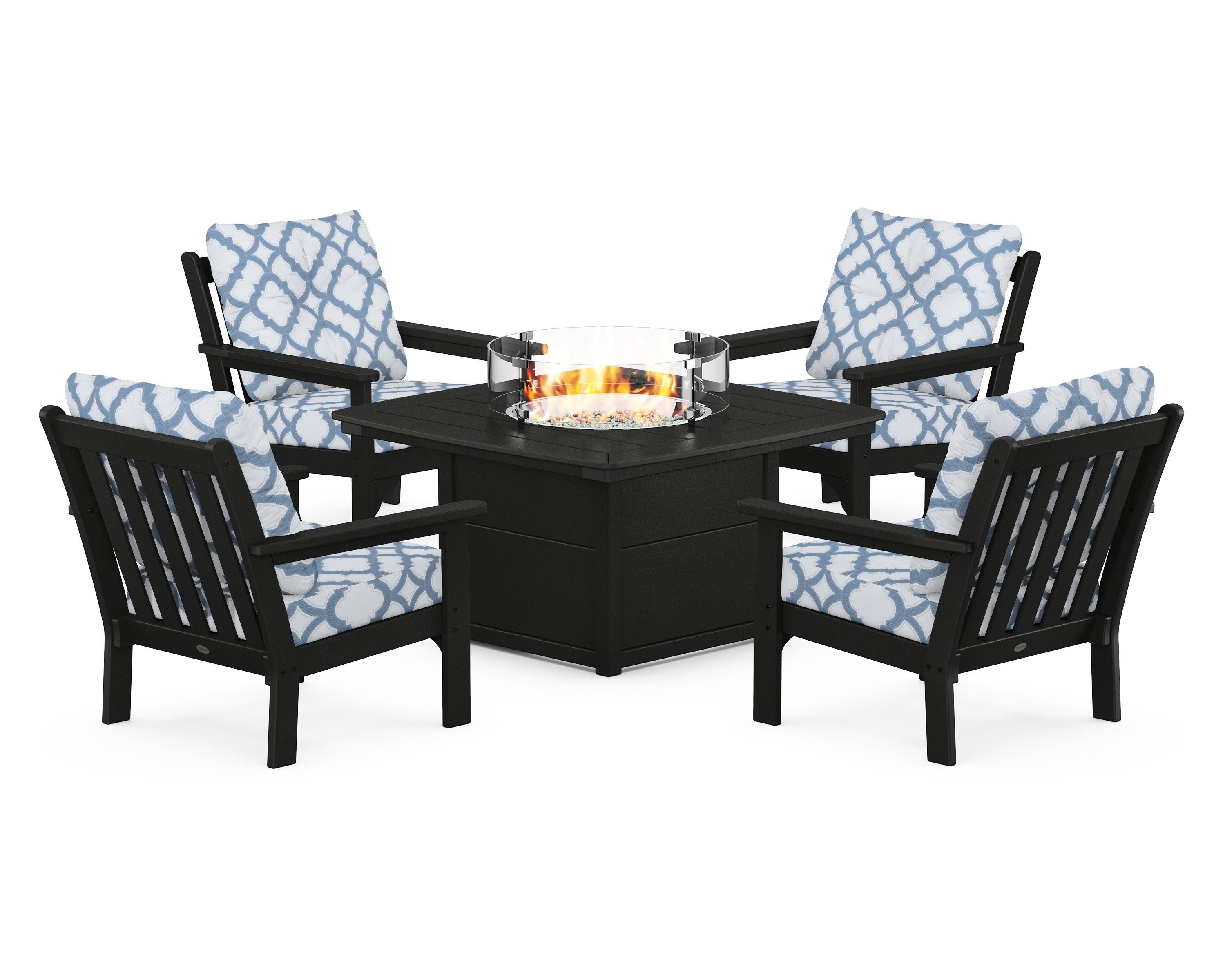 POLYWOOD® Vineyard 5-Piece Conversation Set with Fire Pit Table in Black / Trellis Sky Blue