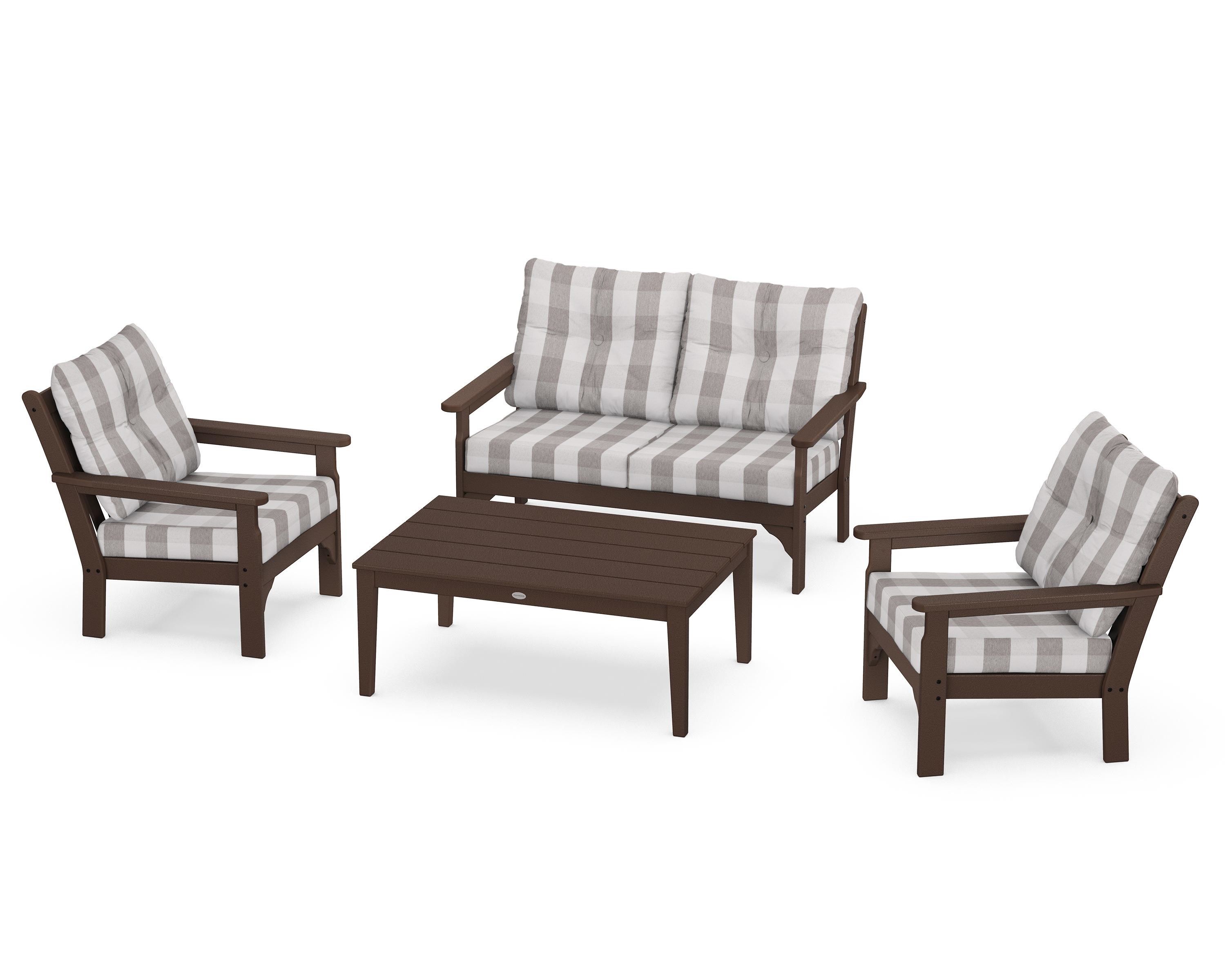POLYWOOD® Vineyard 4-Piece Deep Seating Set in Mahogany / Buffalo Plaid Grey Mist
