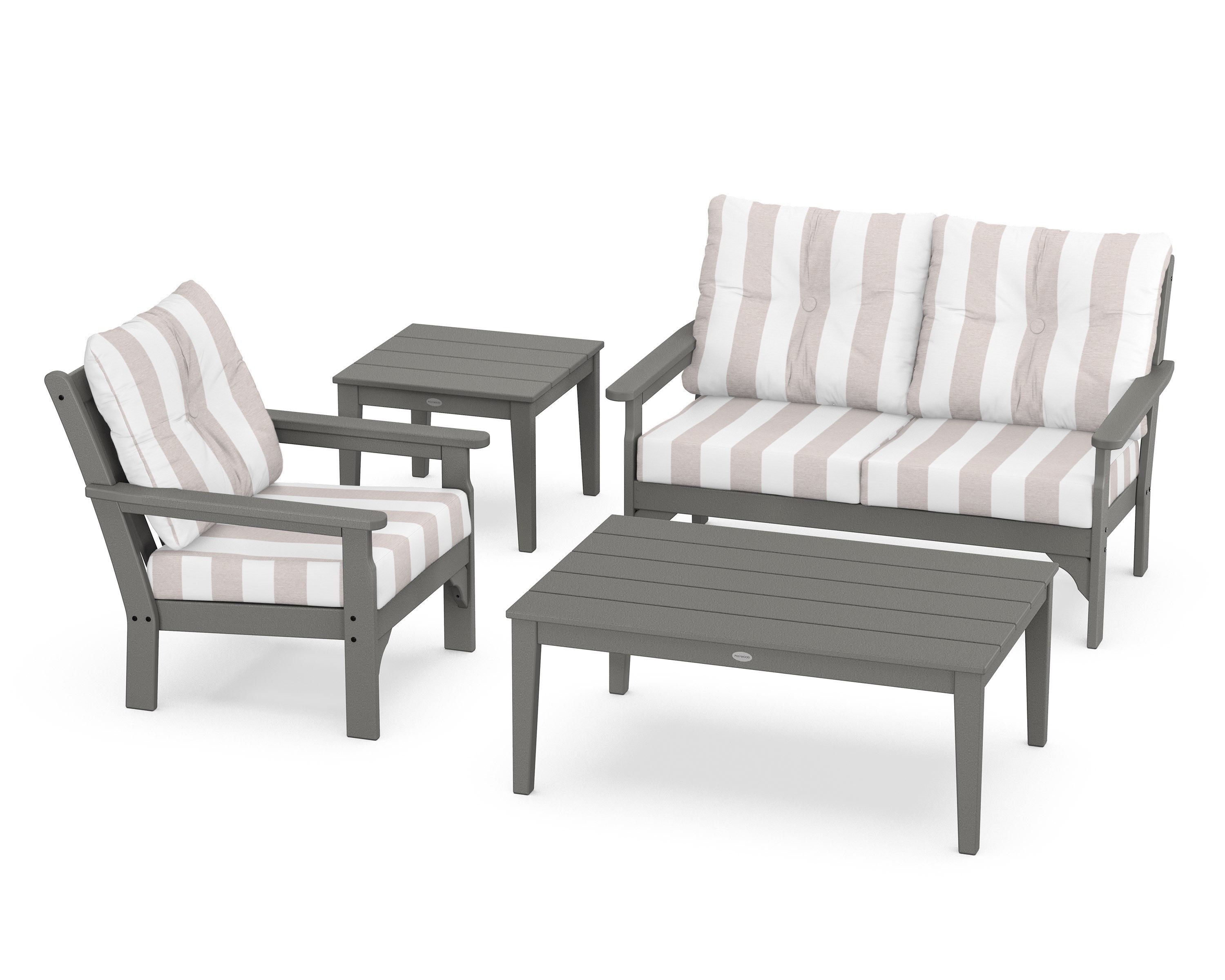 POLYWOOD® Vineyard 4-Piece Deep Seating Set in Slate Grey / Cabana Stripe Dune Burlap
