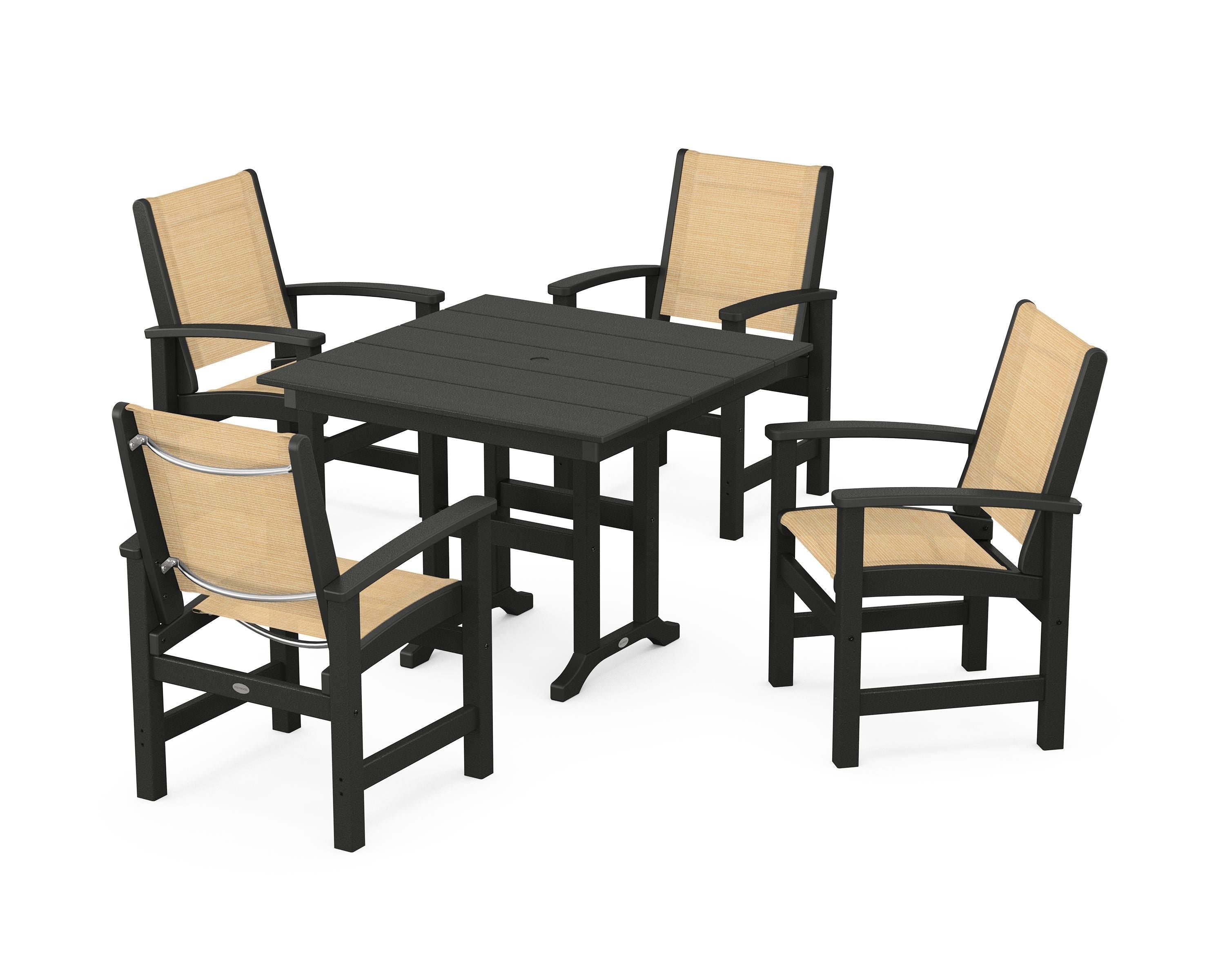 POLYWOOD® Coastal 5-Piece Farmhouse Dining Set in Black / Dupioni Apricot Sling