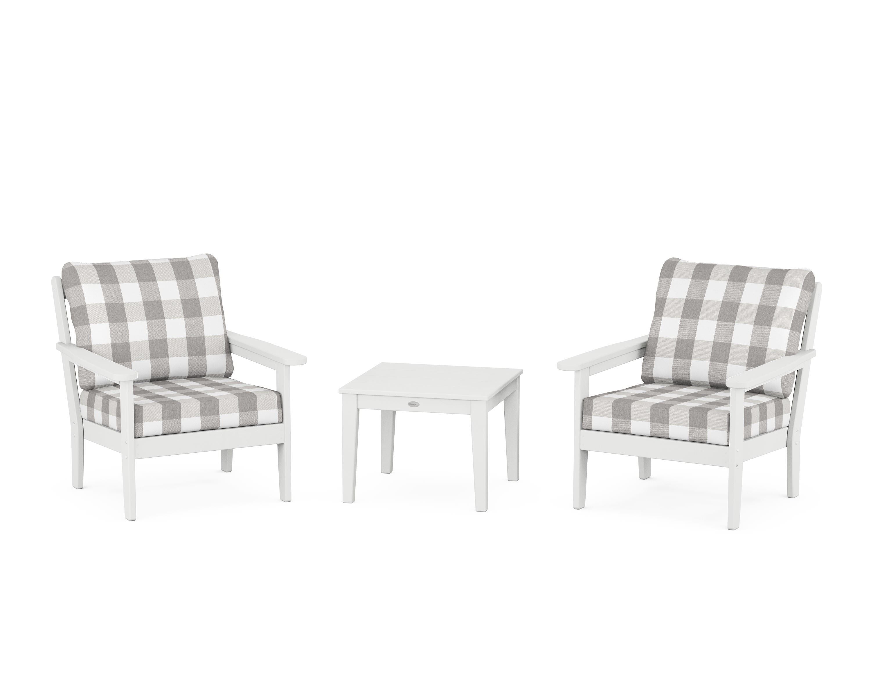 Country Living Cottage 3-Piece Deep Seating Set in White / Buffalo Plaid Grey Mist